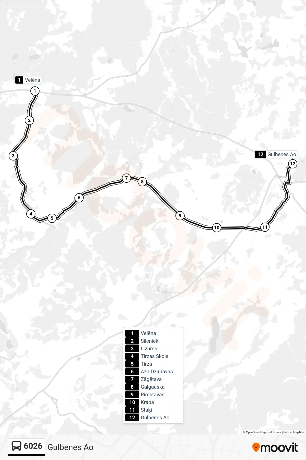 6026 bus Line (Gulbenes Ao) route and stops on a map