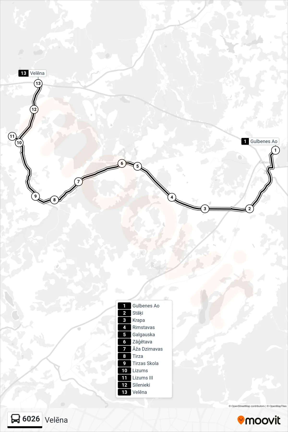 6026 bus Line (Velēna) route and stops on a map