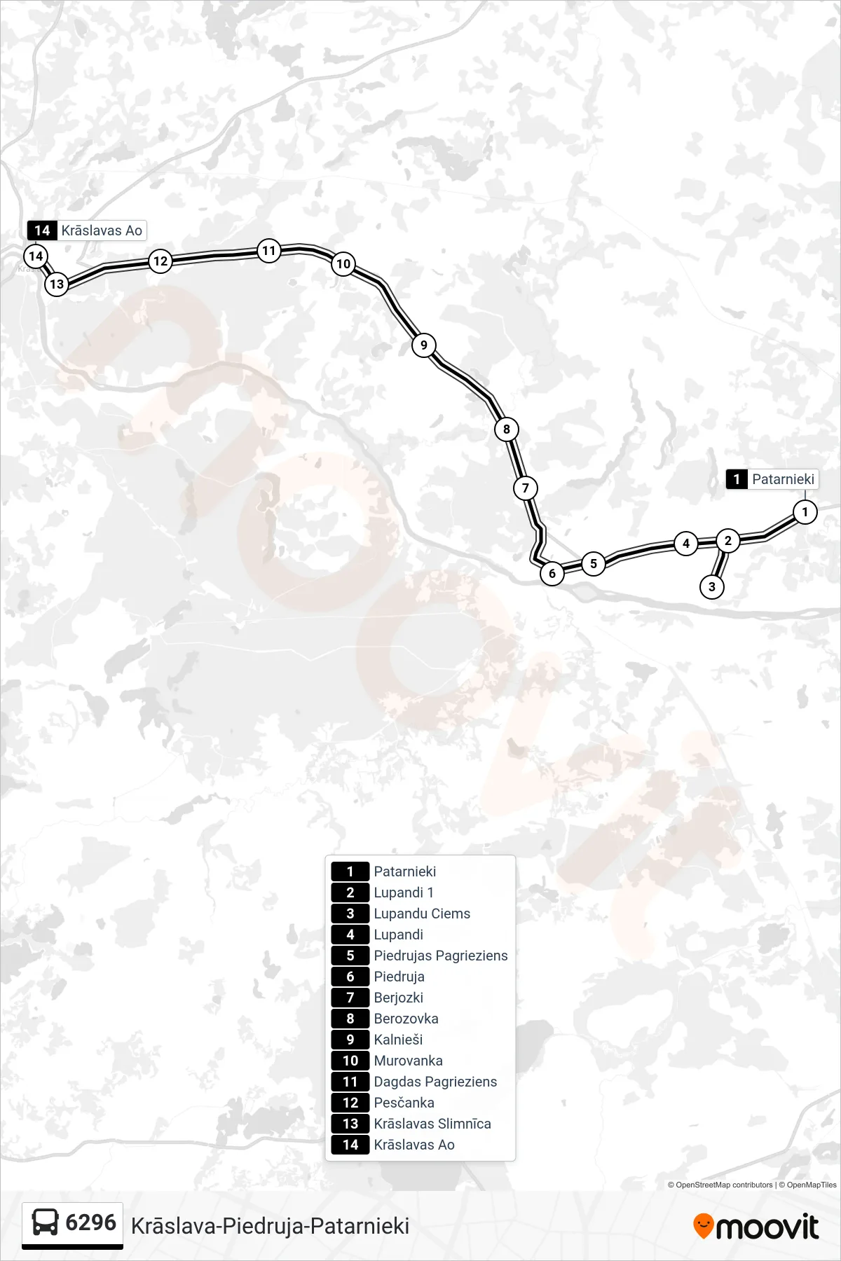 6296 bus Line (Krāslavas Ao) route and stops on a map