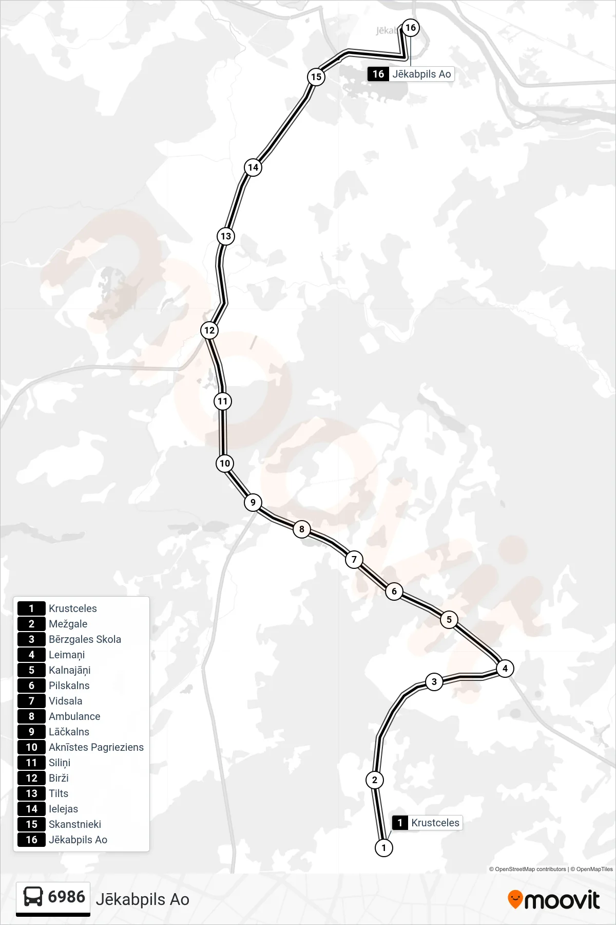 6986 bus Line (Jēkabpils Ao) route and stops on a map