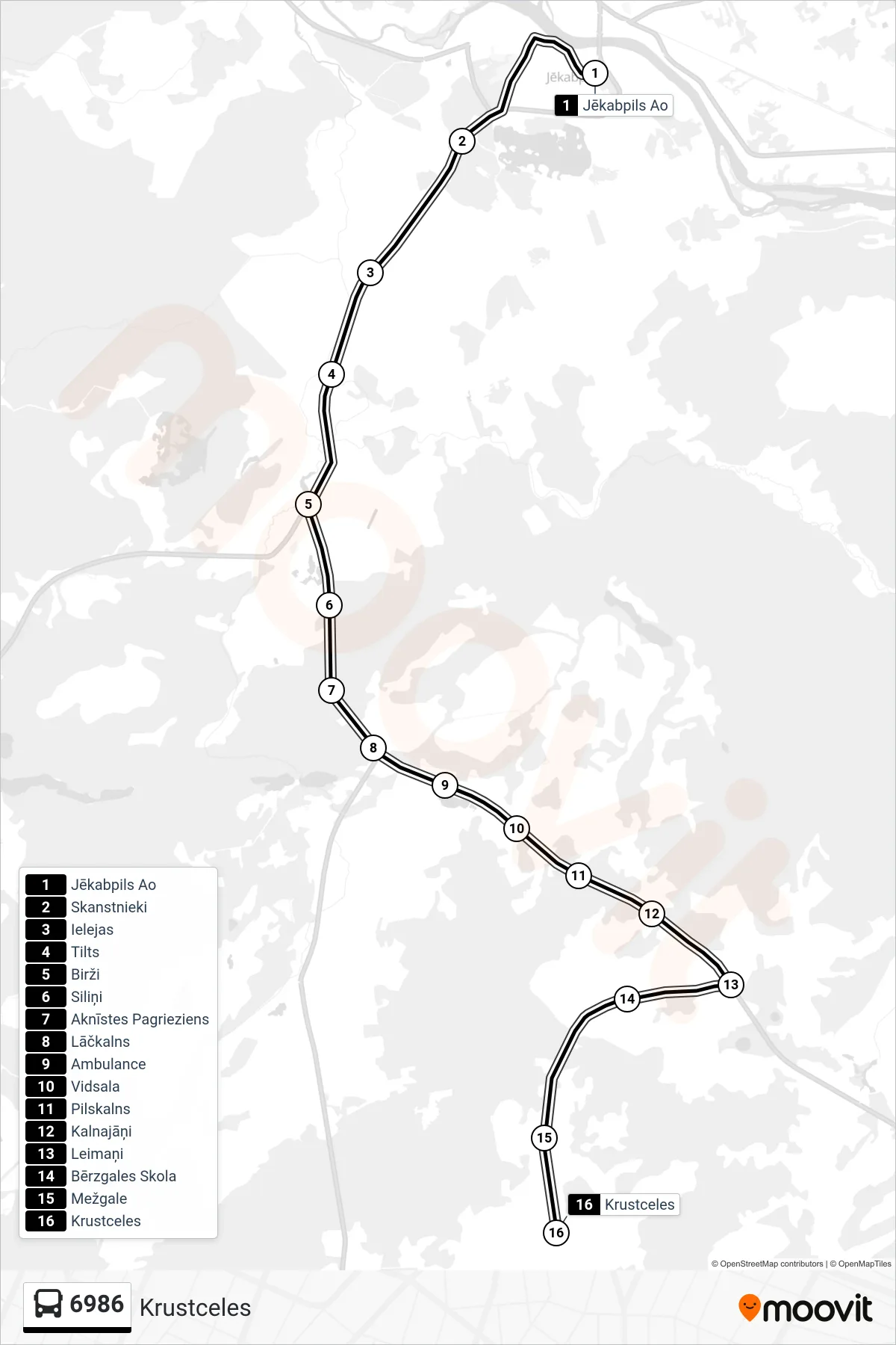 6986 bus Line (Krustceles) route and stops on a map