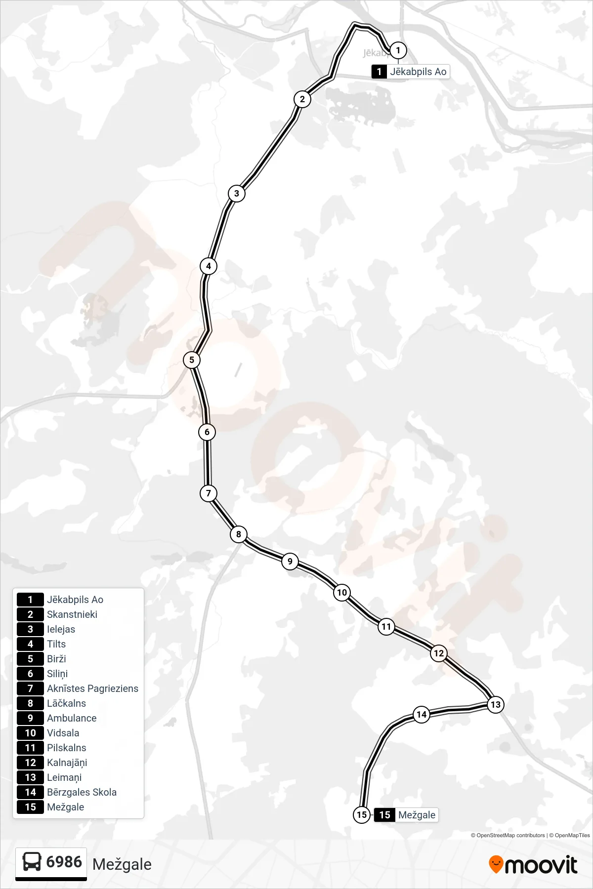 6986 bus Line (Mežgale) route and stops on a map