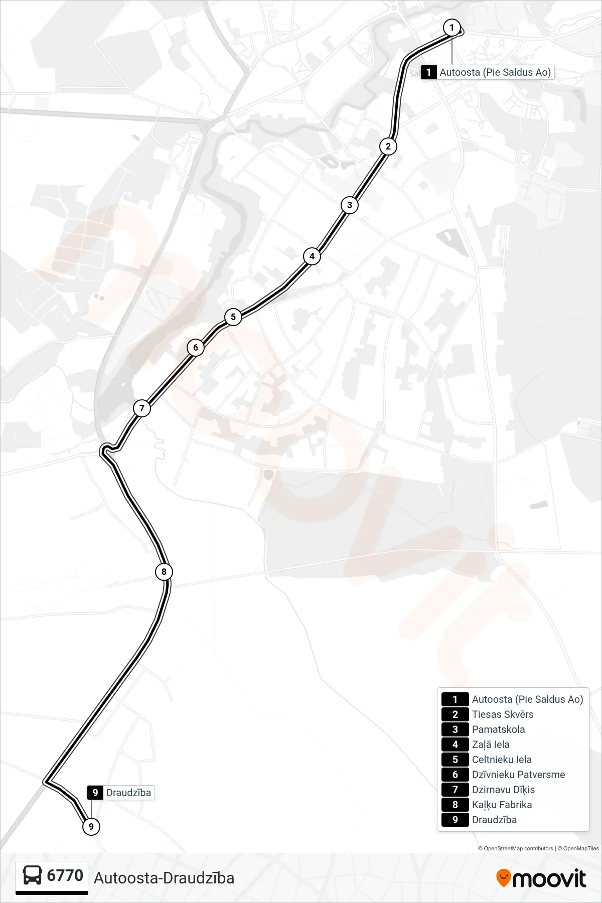 6770 bus Line (Draudzība) route and stops on a map