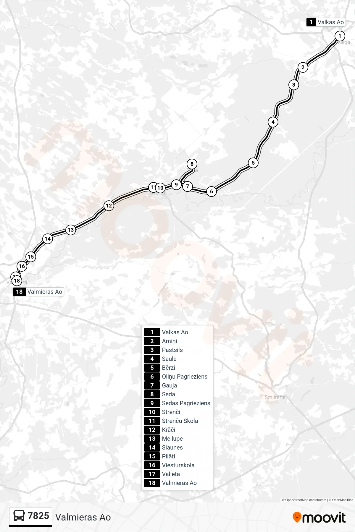 7825 bus Line (Valmieras Ao) route and stops on a map