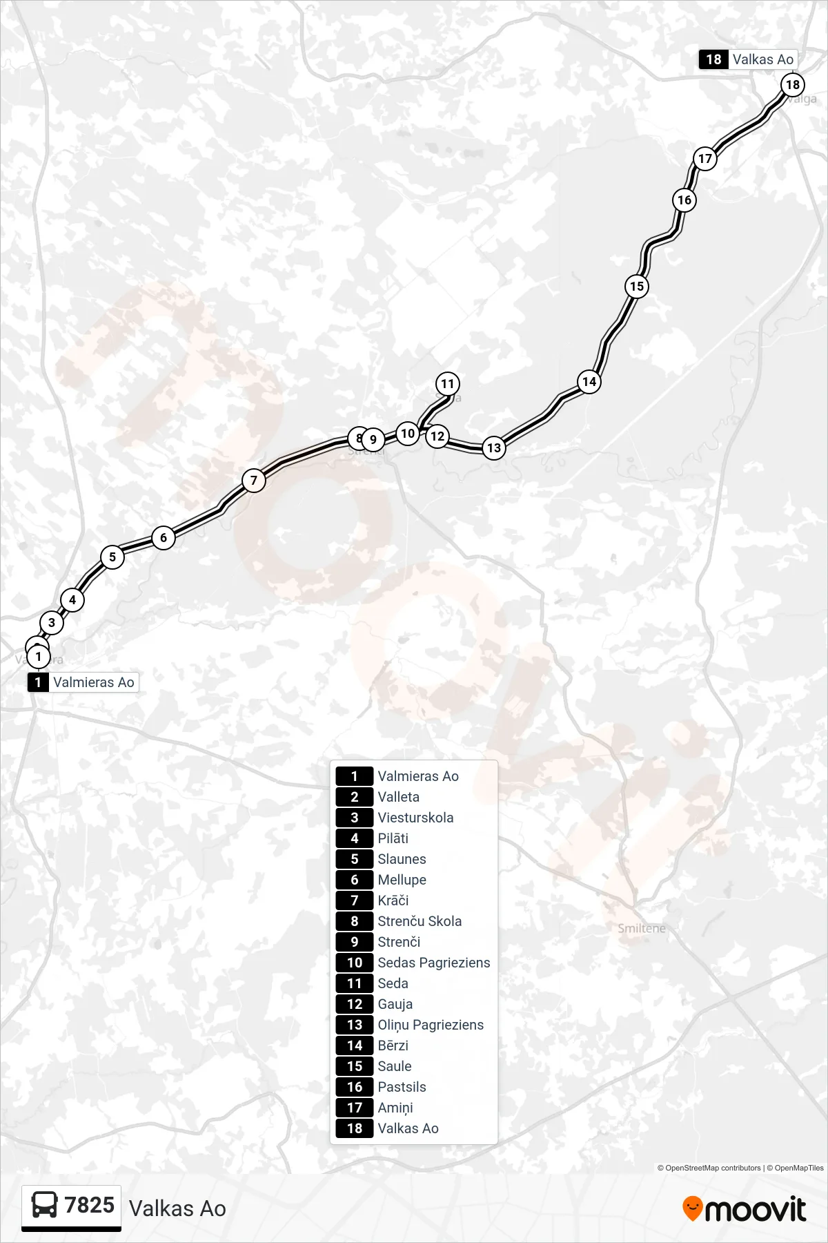 7825 bus Line (Valkas Ao) route and stops on a map