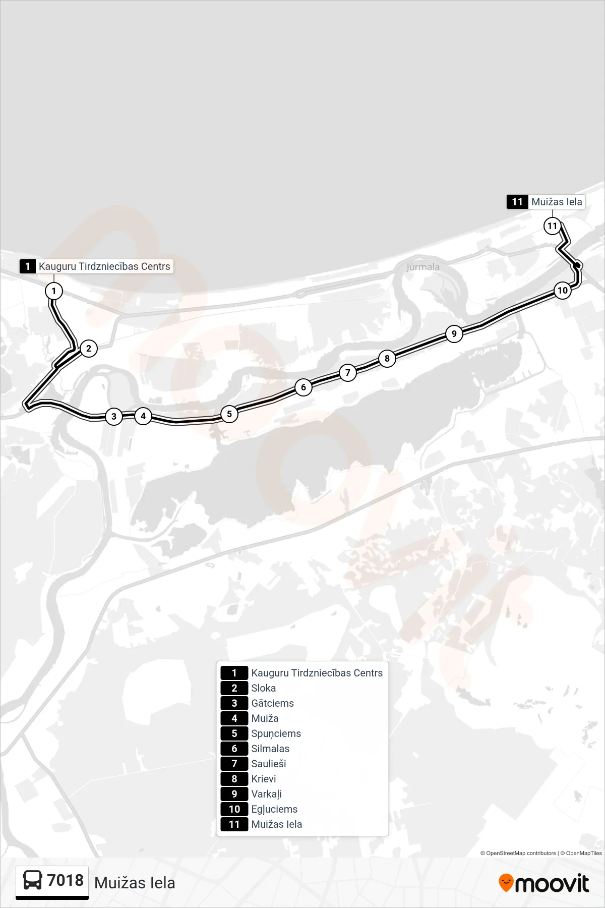 7018 bus Line (Muižas Iela) route and stops on a map