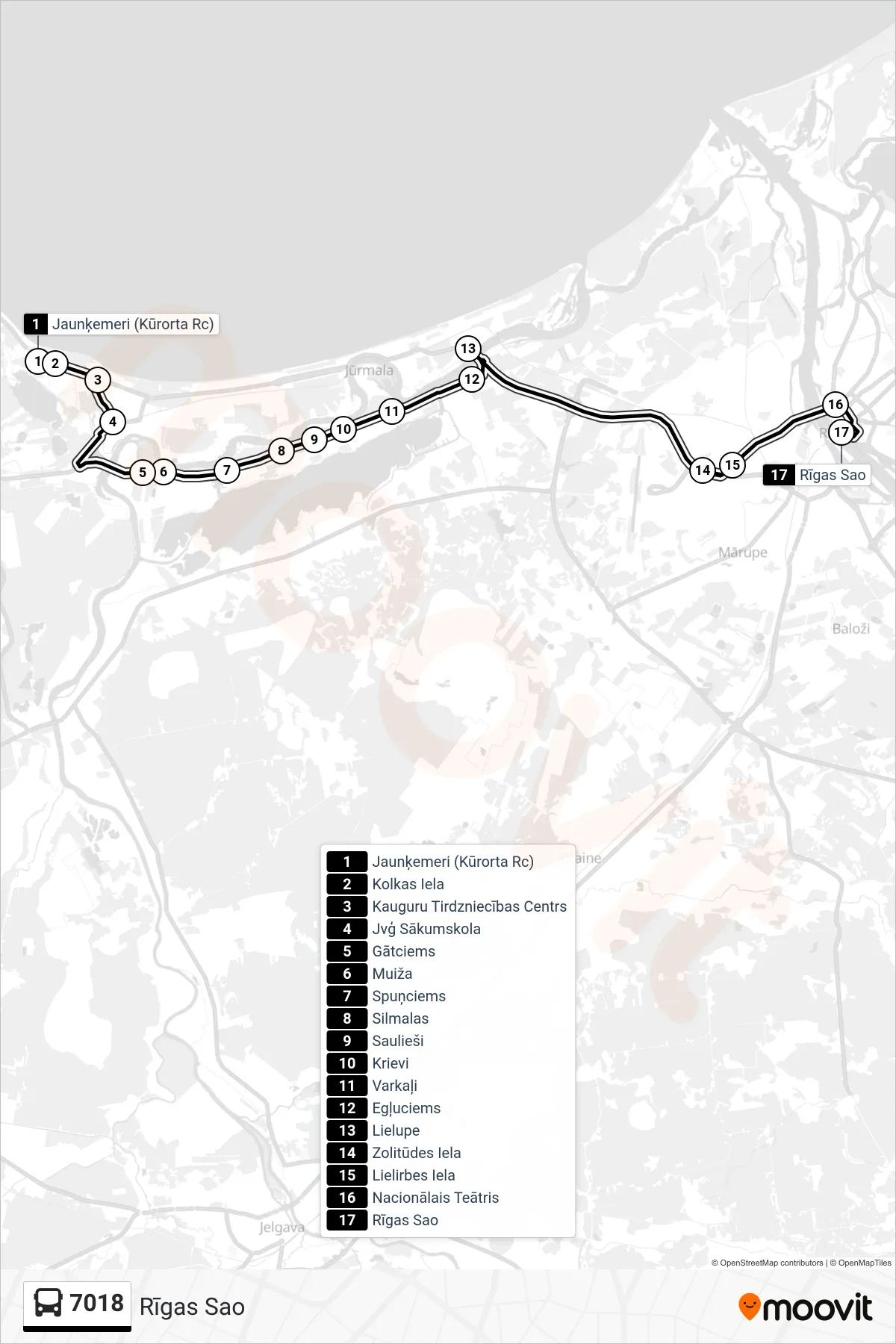 7018 bus Line (Rīgas Sao) route and stops on a map