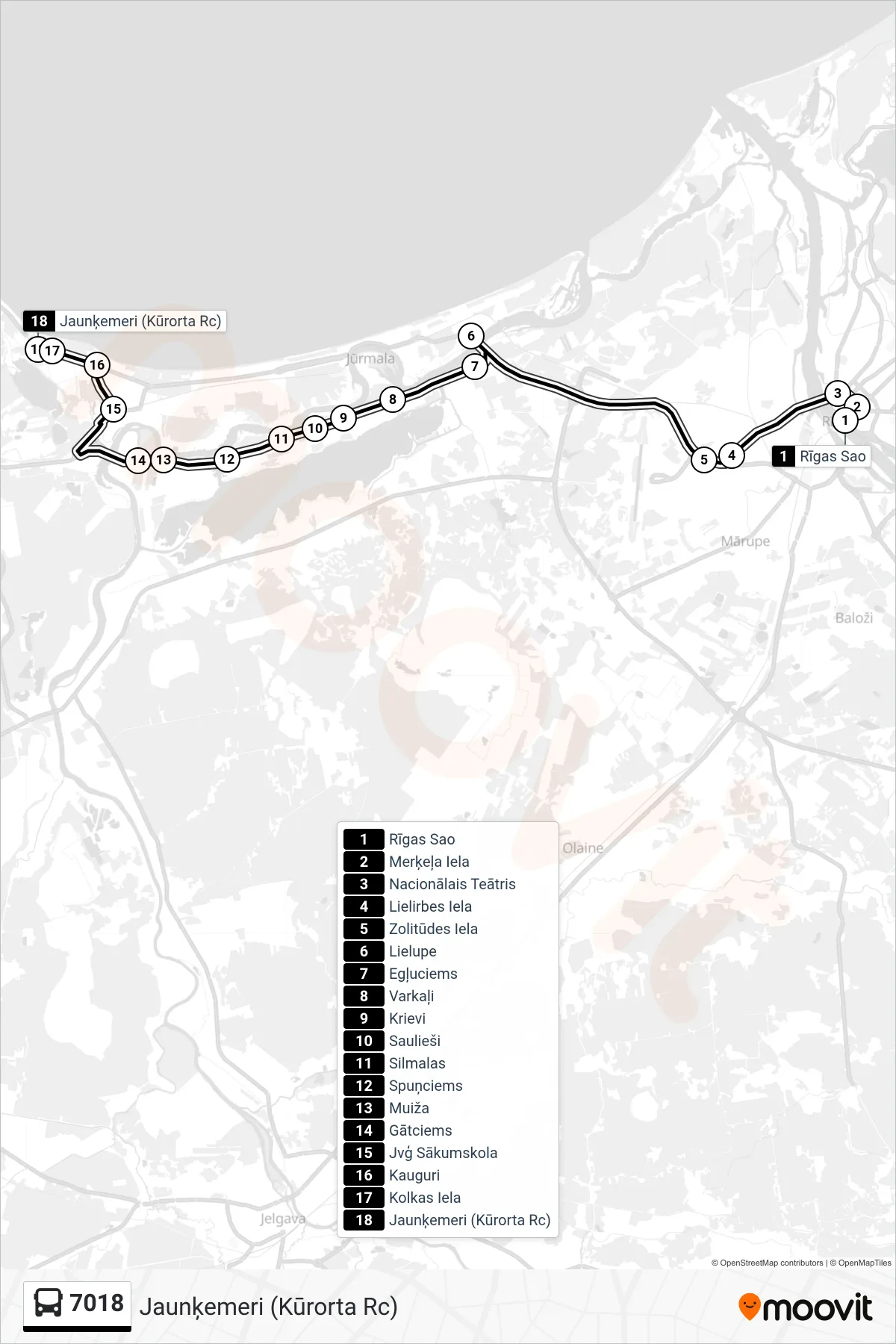7018 bus Line (Jaunķemeri (Kūrorta Rc)) route and stops on a map
