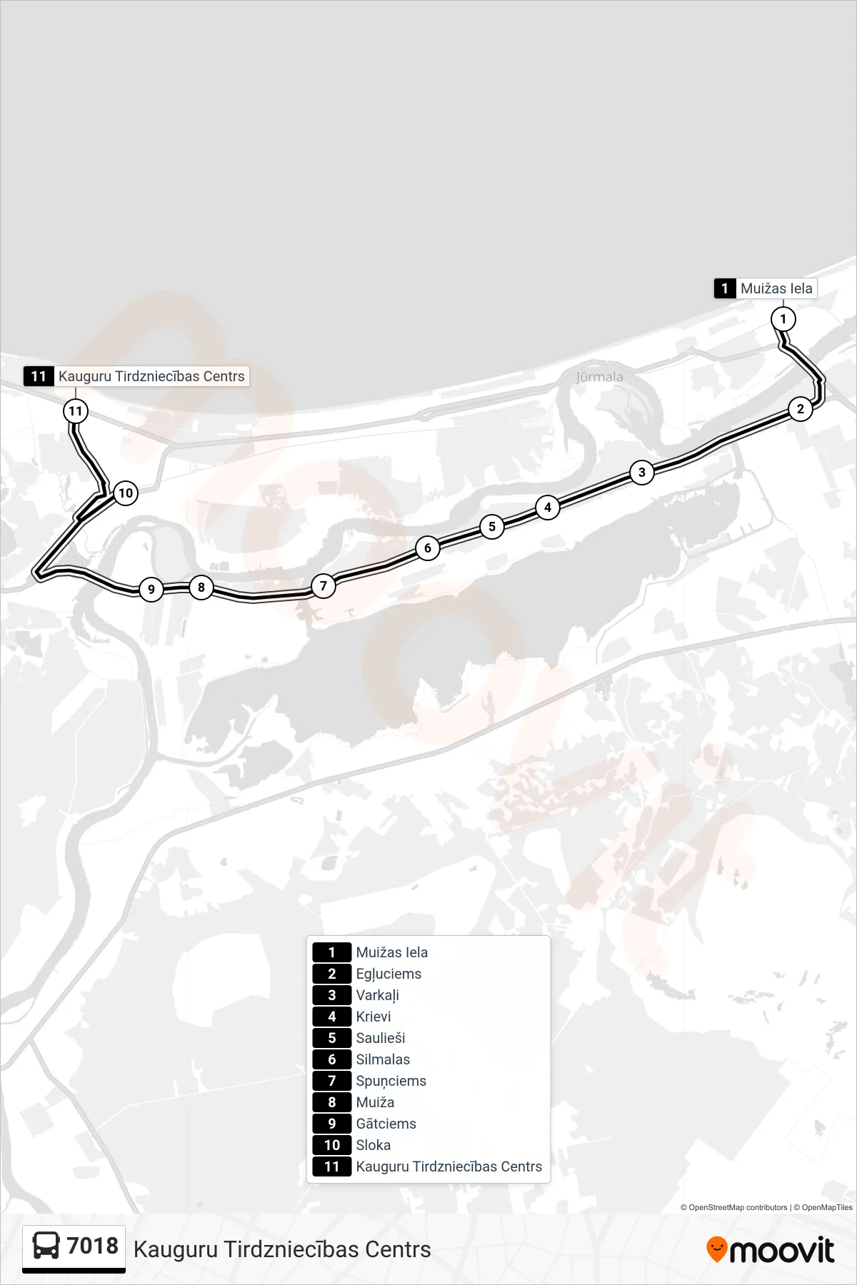 7018 bus Line (Kauguru Tirdzniecības Centrs) route and stops on a map