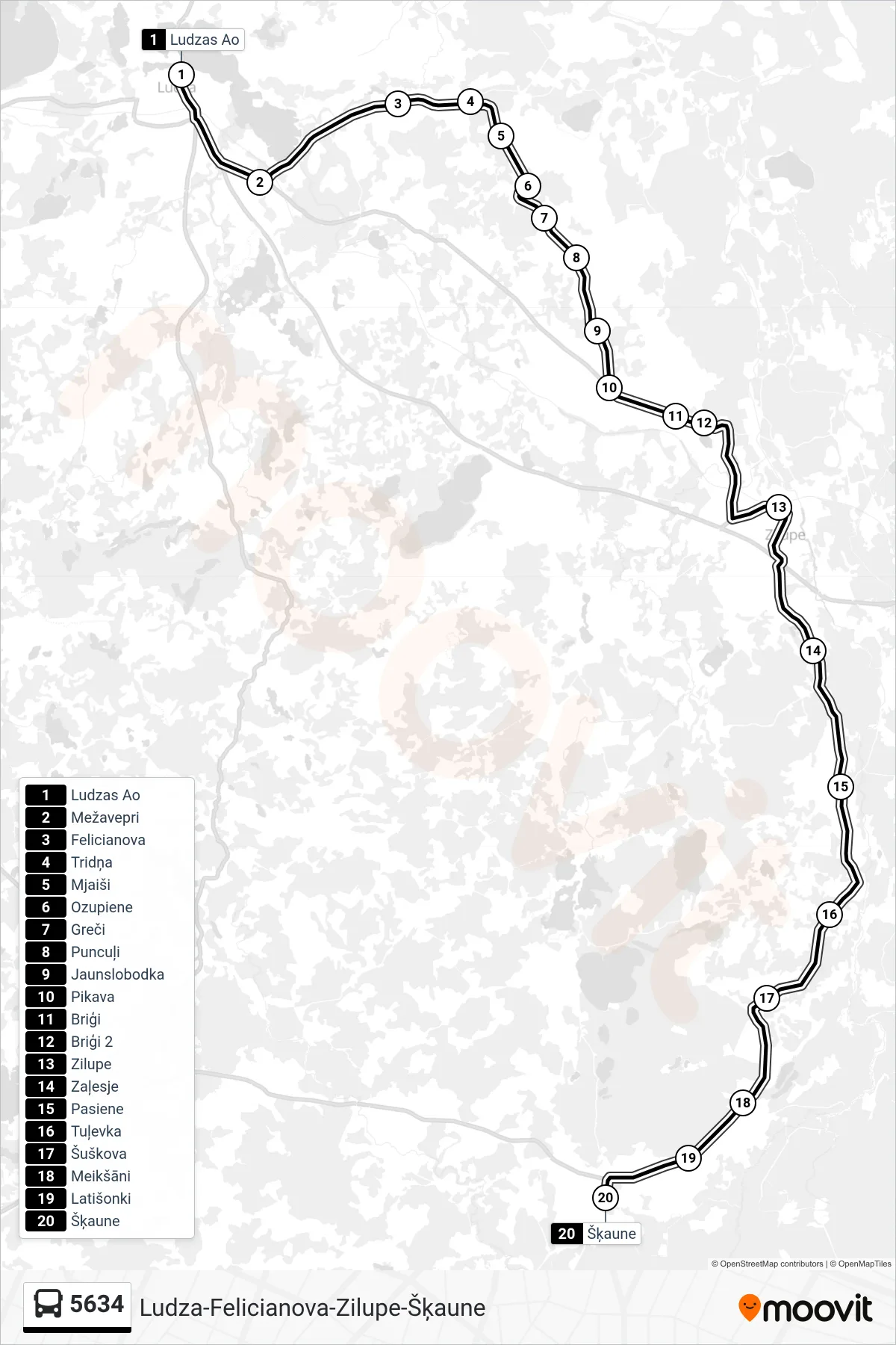 5634 bus Line (Šķaune) route and stops on a map