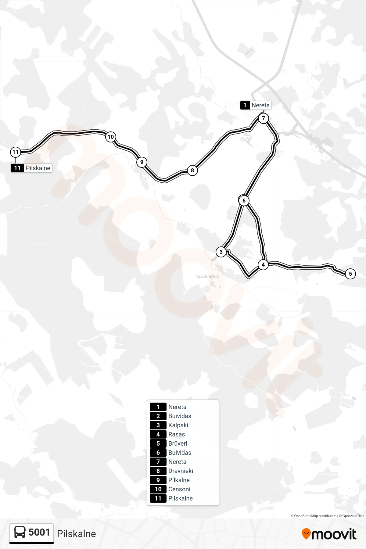 5001 bus Line (Pilskalne) route and stops on a map