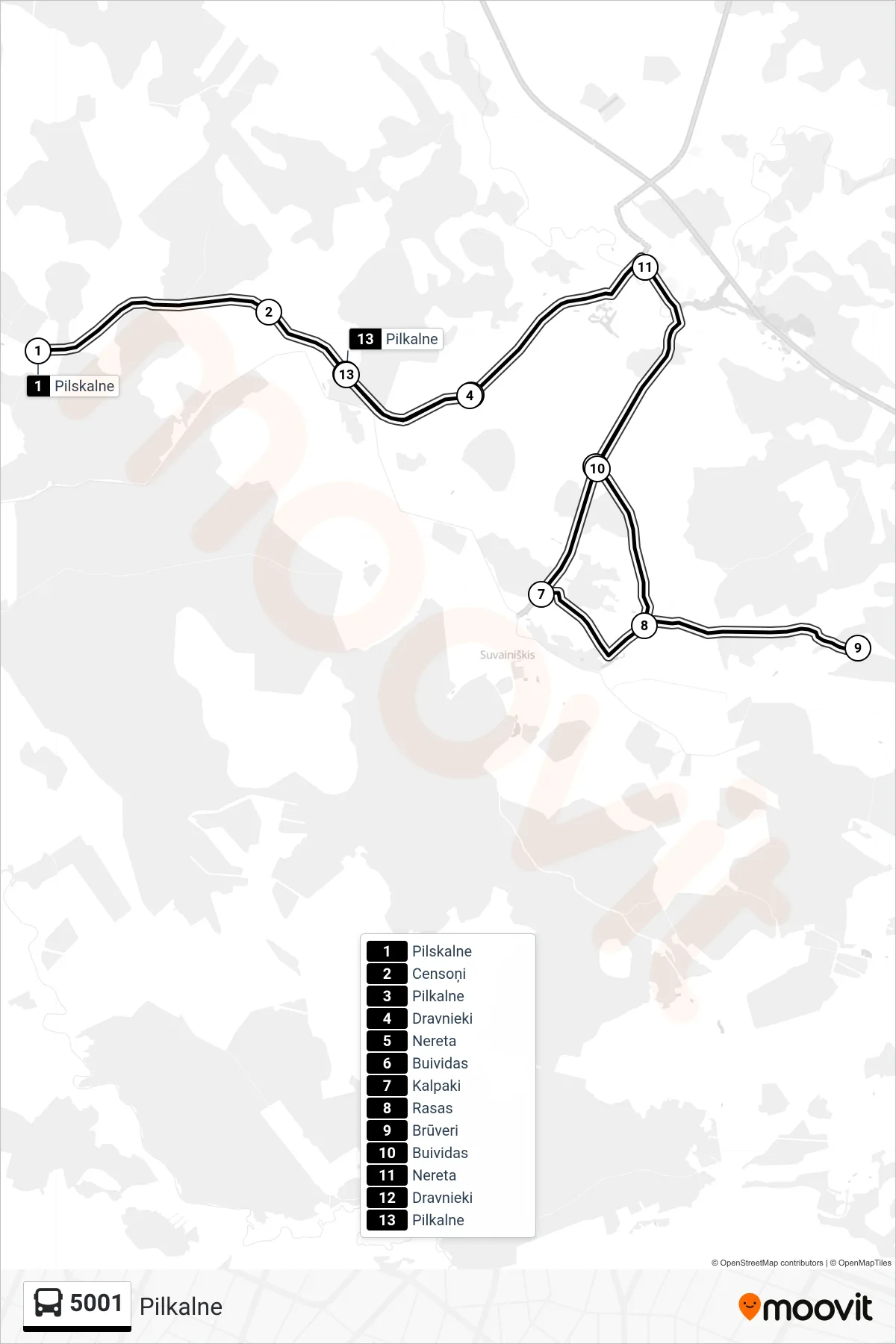 5001 bus Line (Pilkalne) route and stops on a map