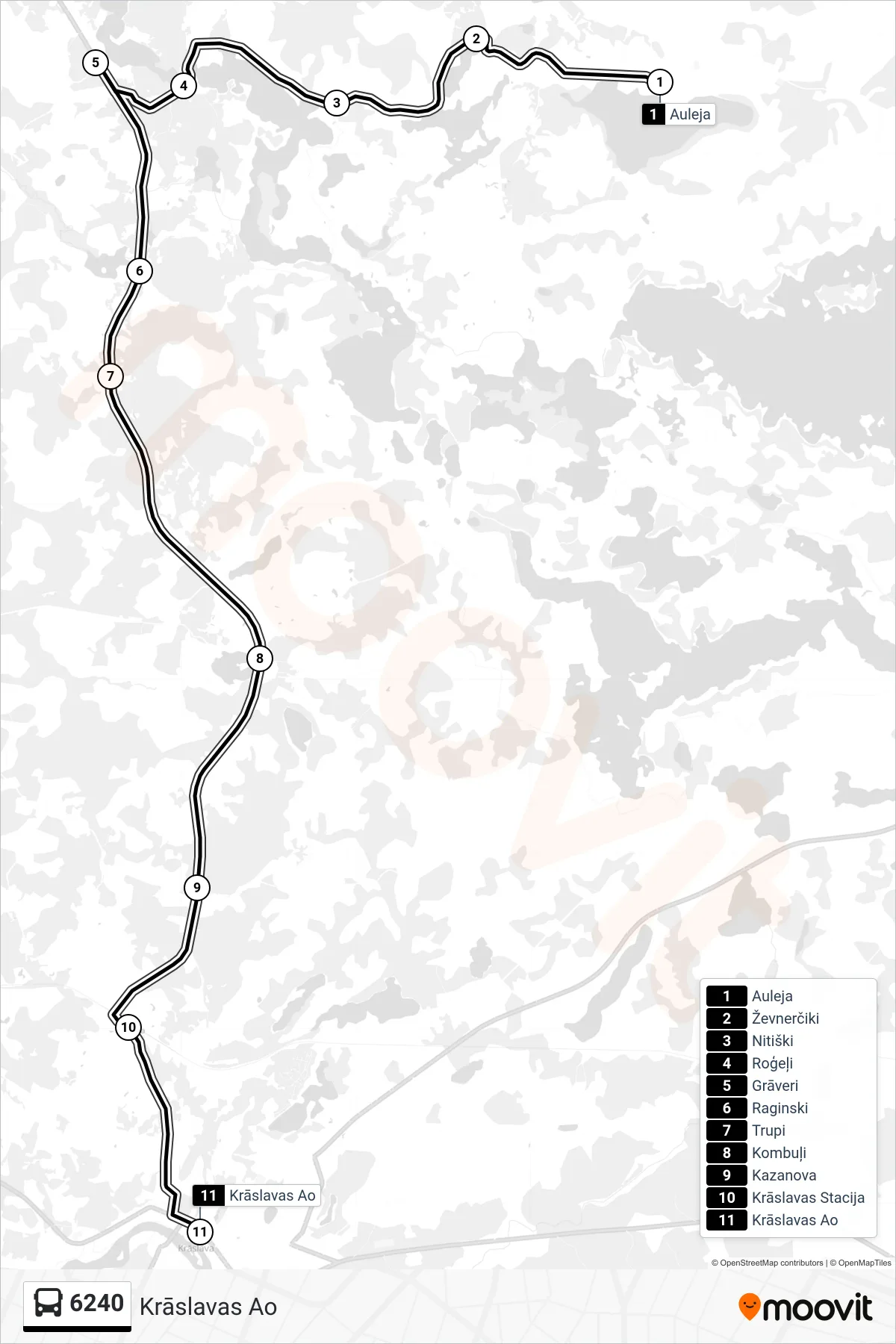 6240 bus Line (Krāslavas Ao) route and stops on a map