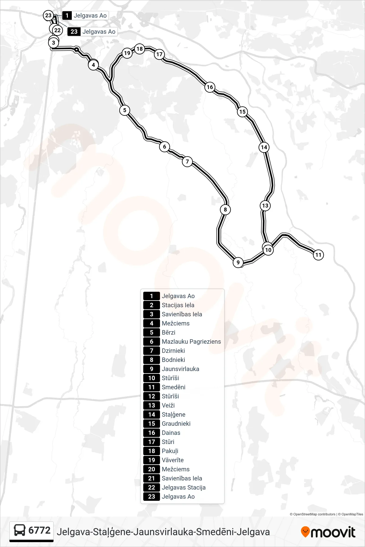 6772 bus Line (Jelgavas Ao) route and stops on a map