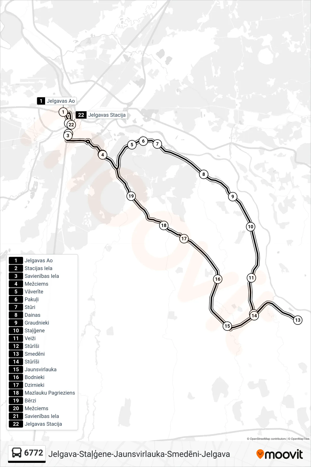 6772 bus Line (Jelgavas Ao) route and stops on a map
