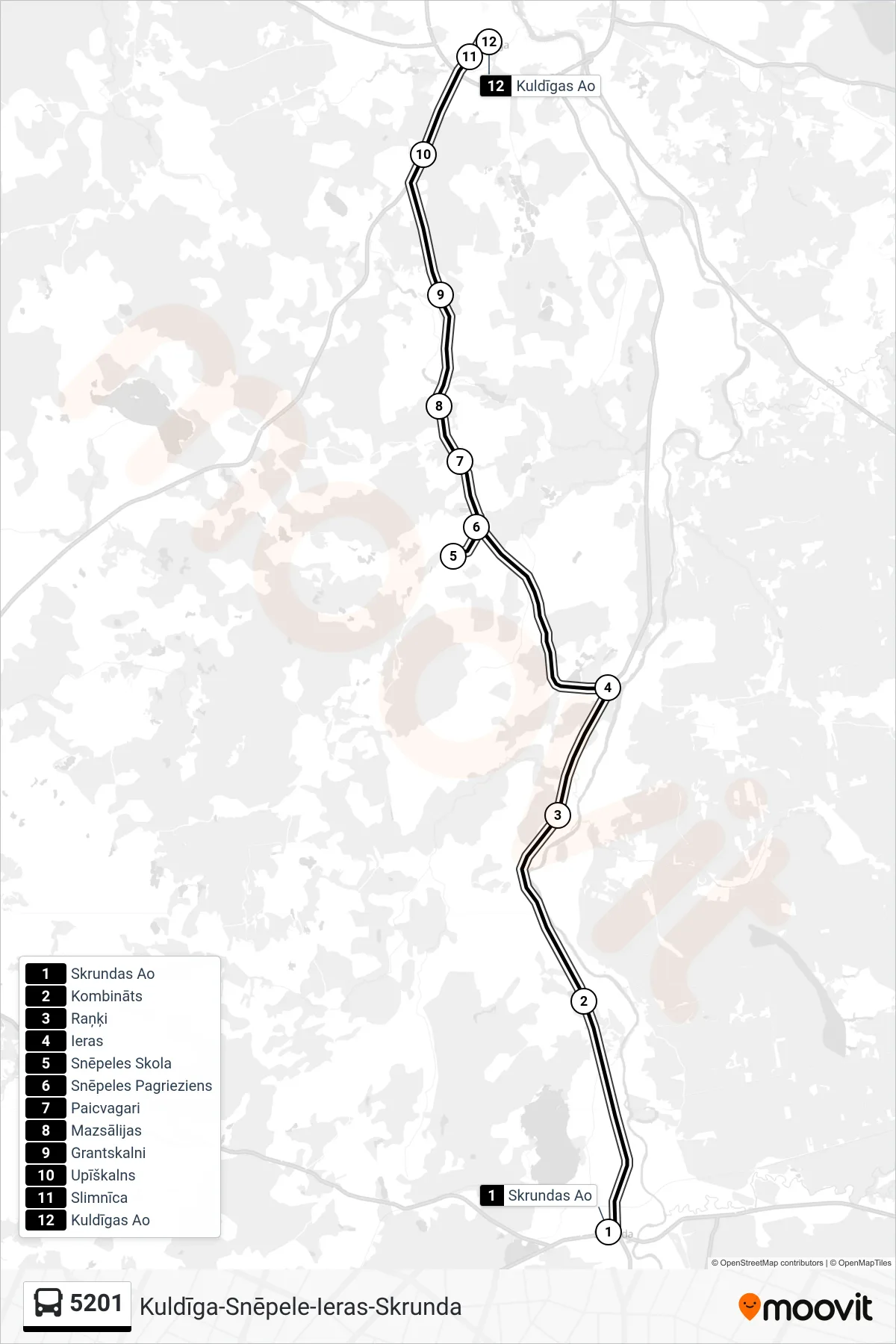 5201 bus Line (Kuldīgas Ao) route and stops on a map