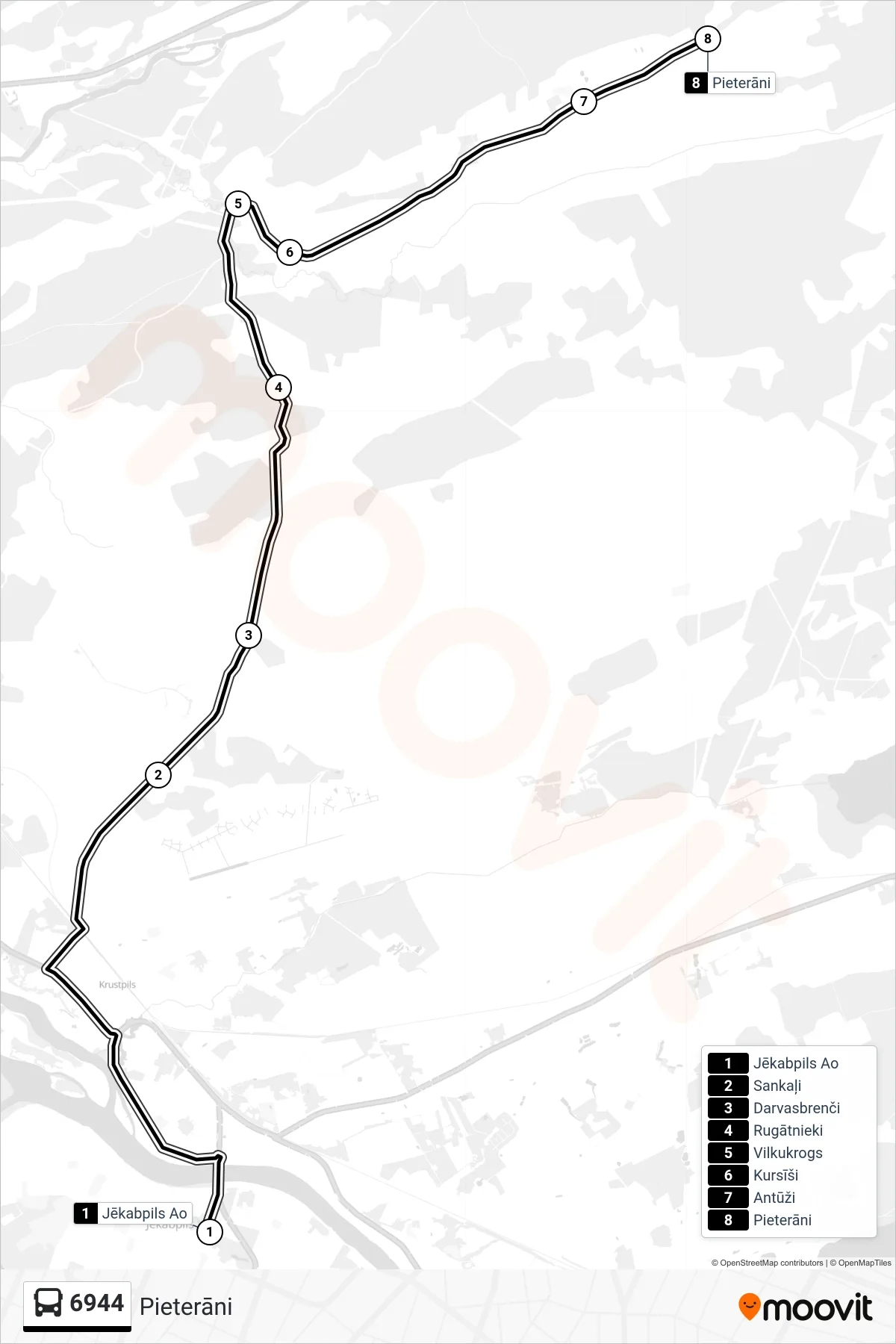 6944 bus Line (Pieterāni) route and stops on a map