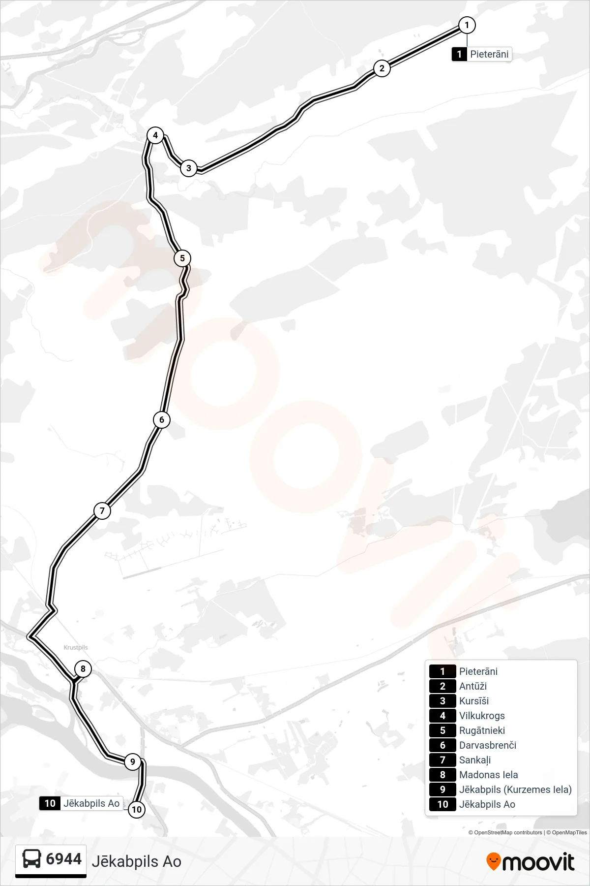 6944 bus Line (Jēkabpils Ao) route and stops on a map