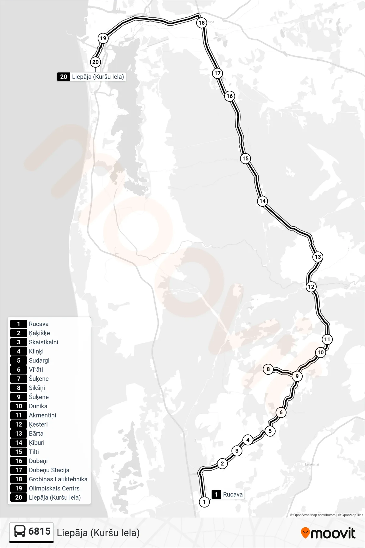 6815 bus Line (Liepāja (Kuršu Iela)) route and stops on a map