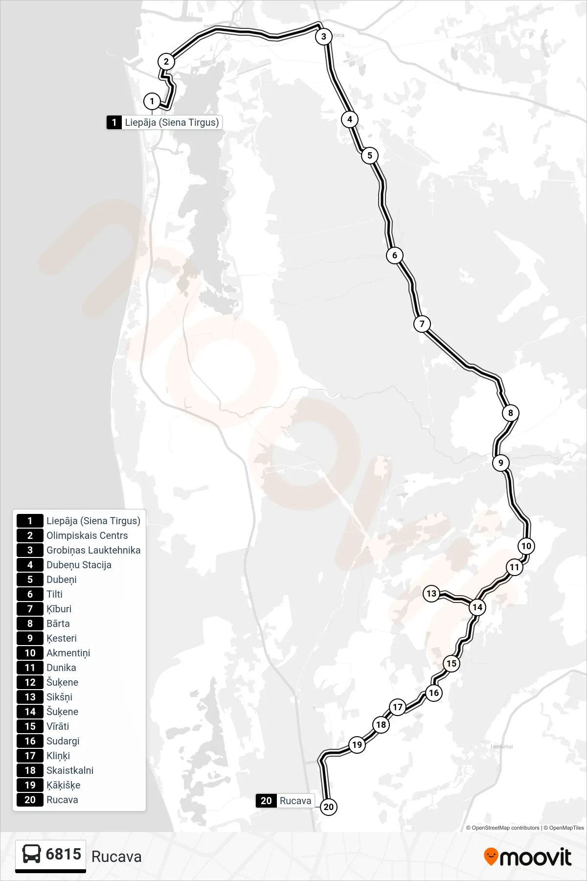 6815 bus Line (Rucava) route and stops on a map