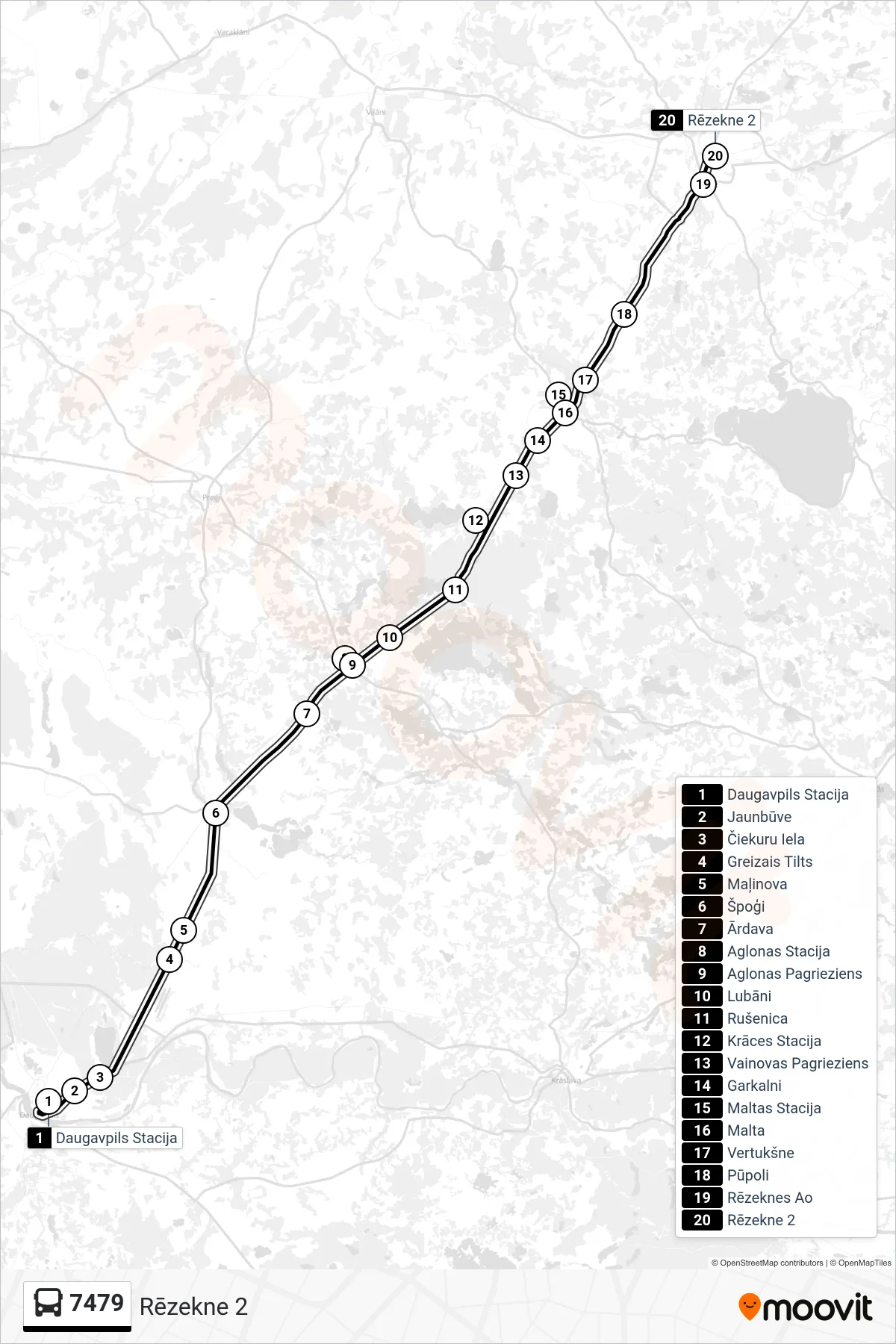 7479 bus Line (Rēzekne 2) route and stops on a map