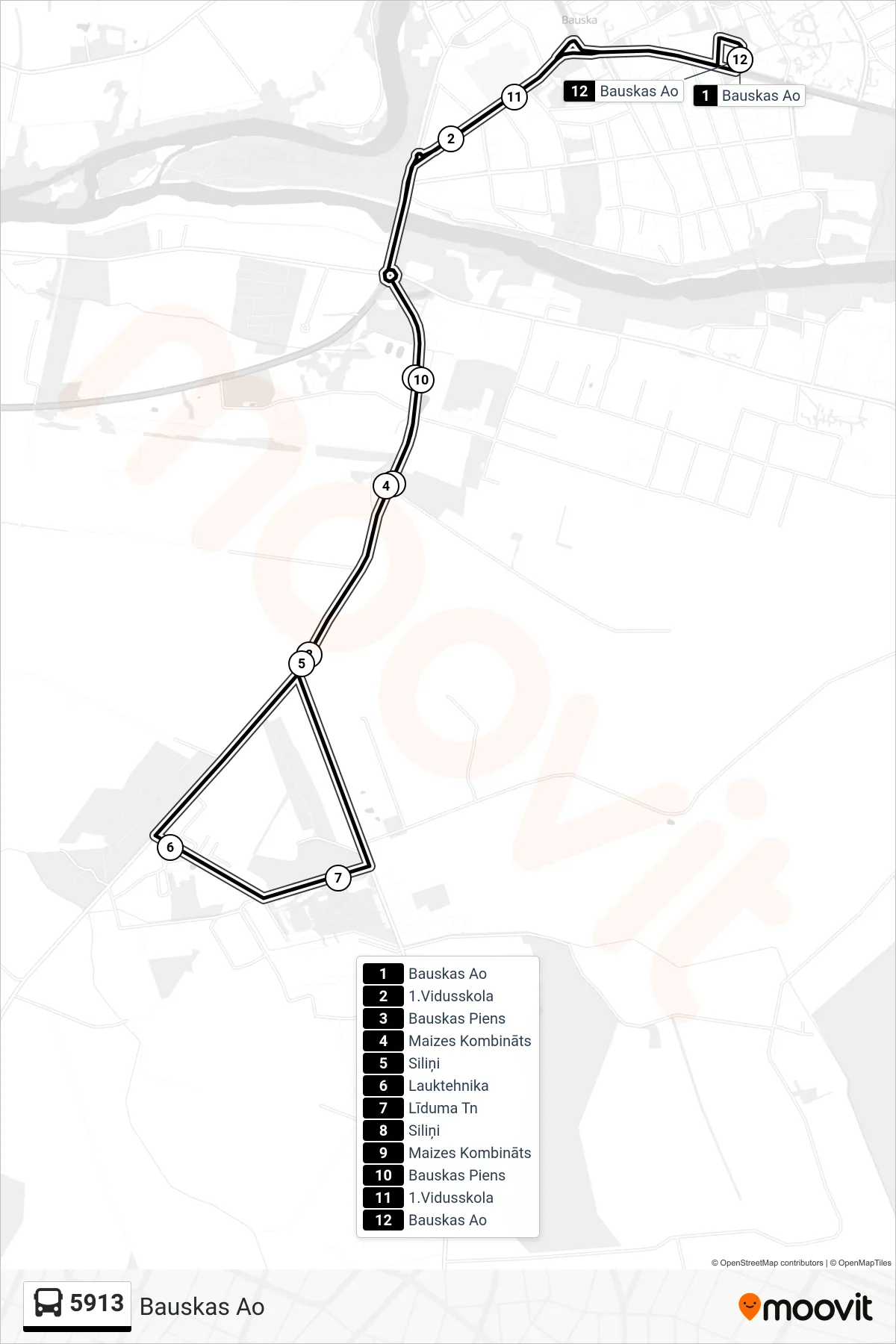 5913 bus Line (Bauskas Ao) route and stops on a map
