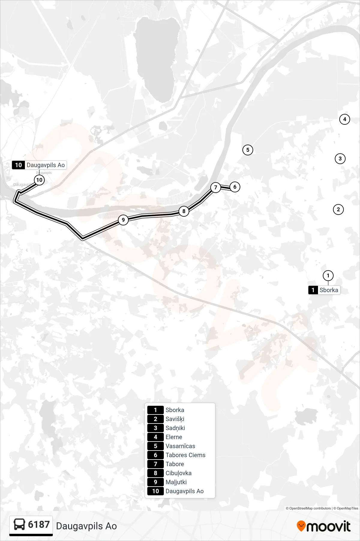 6187 bus Line (Daugavpils Ao) route and stops on a map