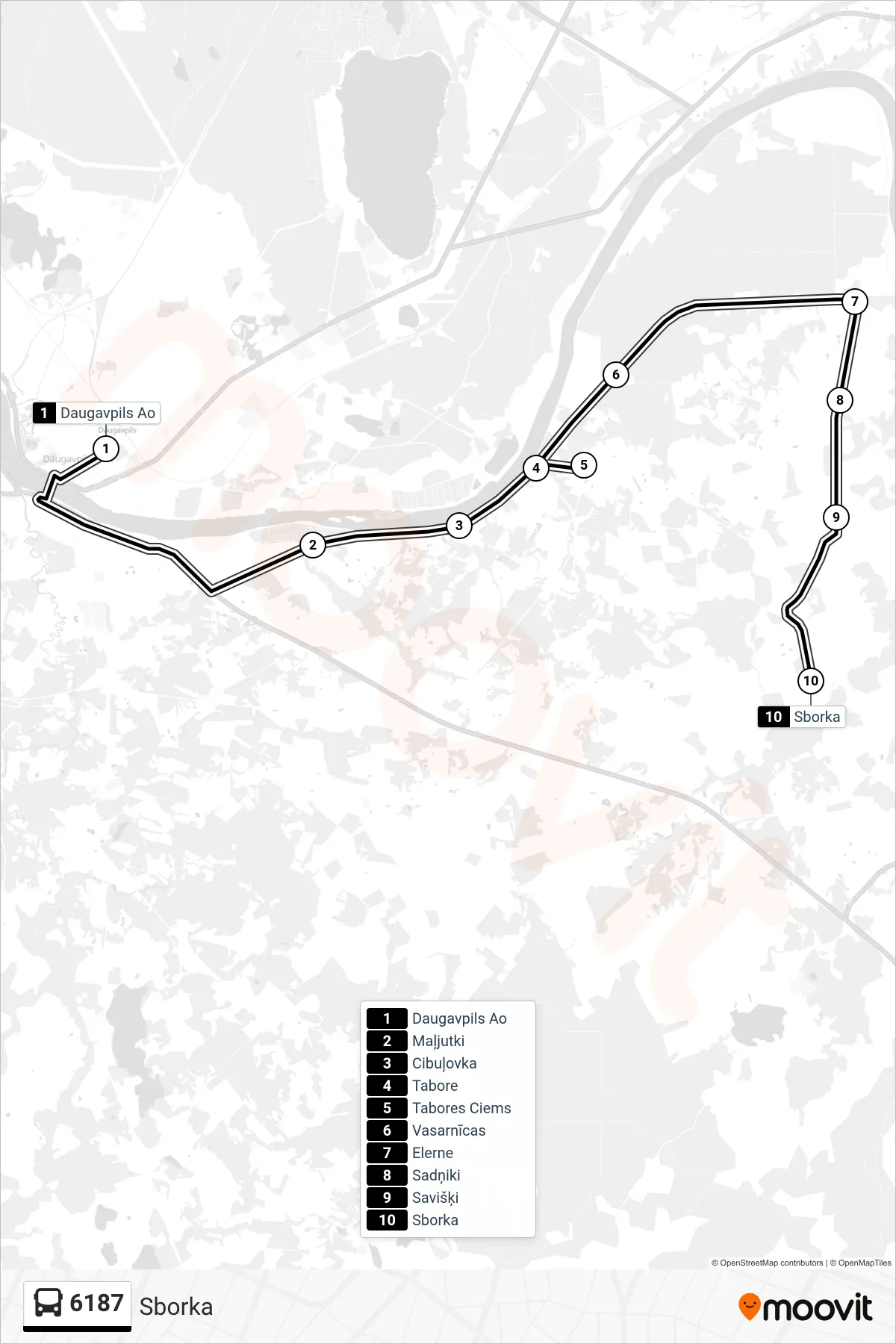 6187 bus Line (Sborka) route and stops on a map