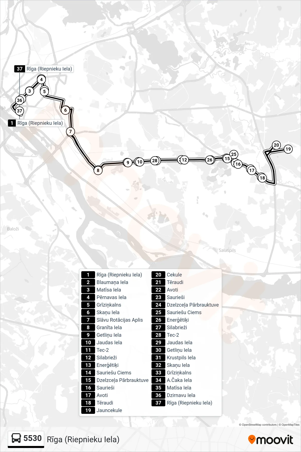 5530 bus Line (Rīga (Riepnieku Iela)) route and stops on a map