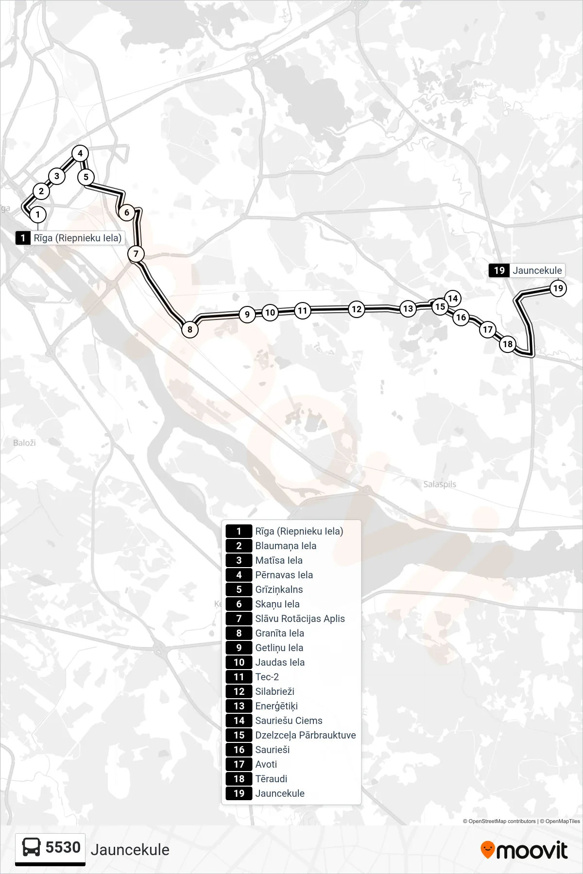 5530 bus Line (Jauncekule) route and stops on a map