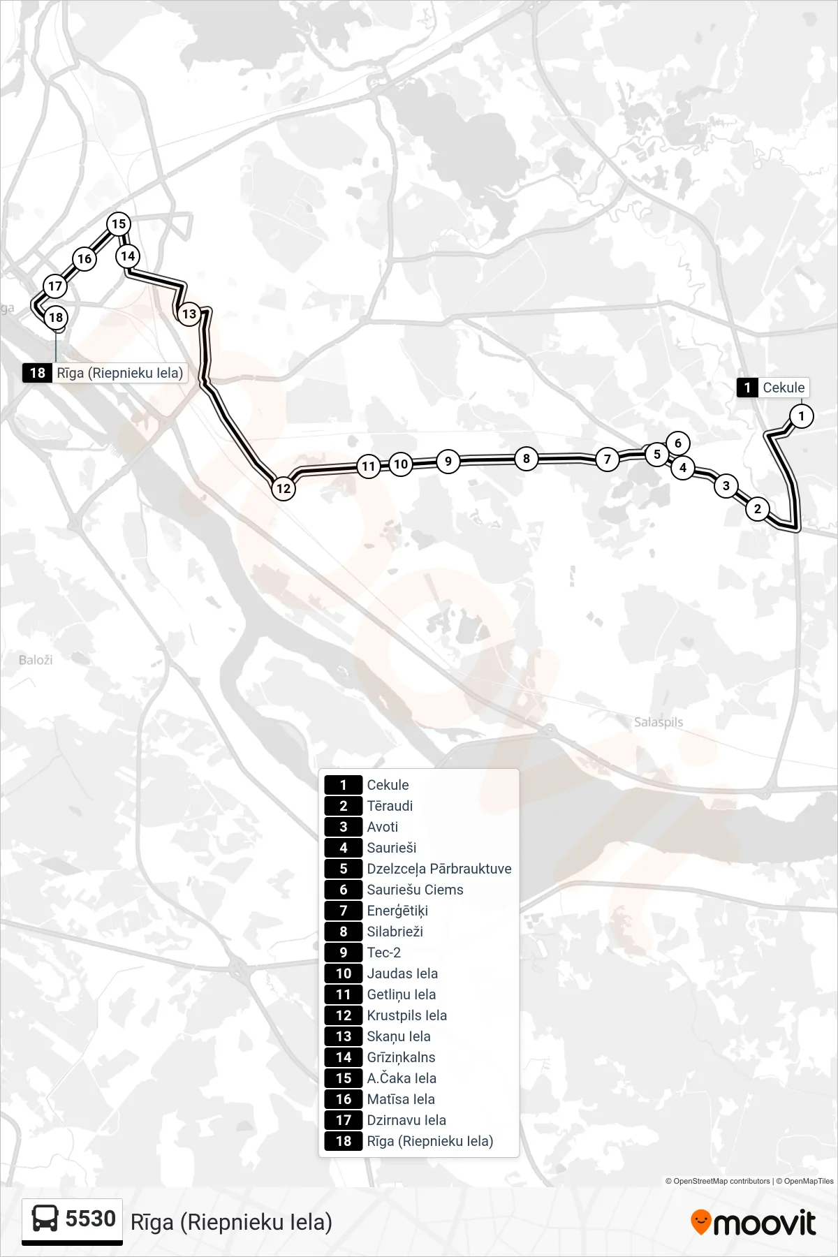 5530 bus Line (Rīga (Riepnieku Iela)) route and stops on a map