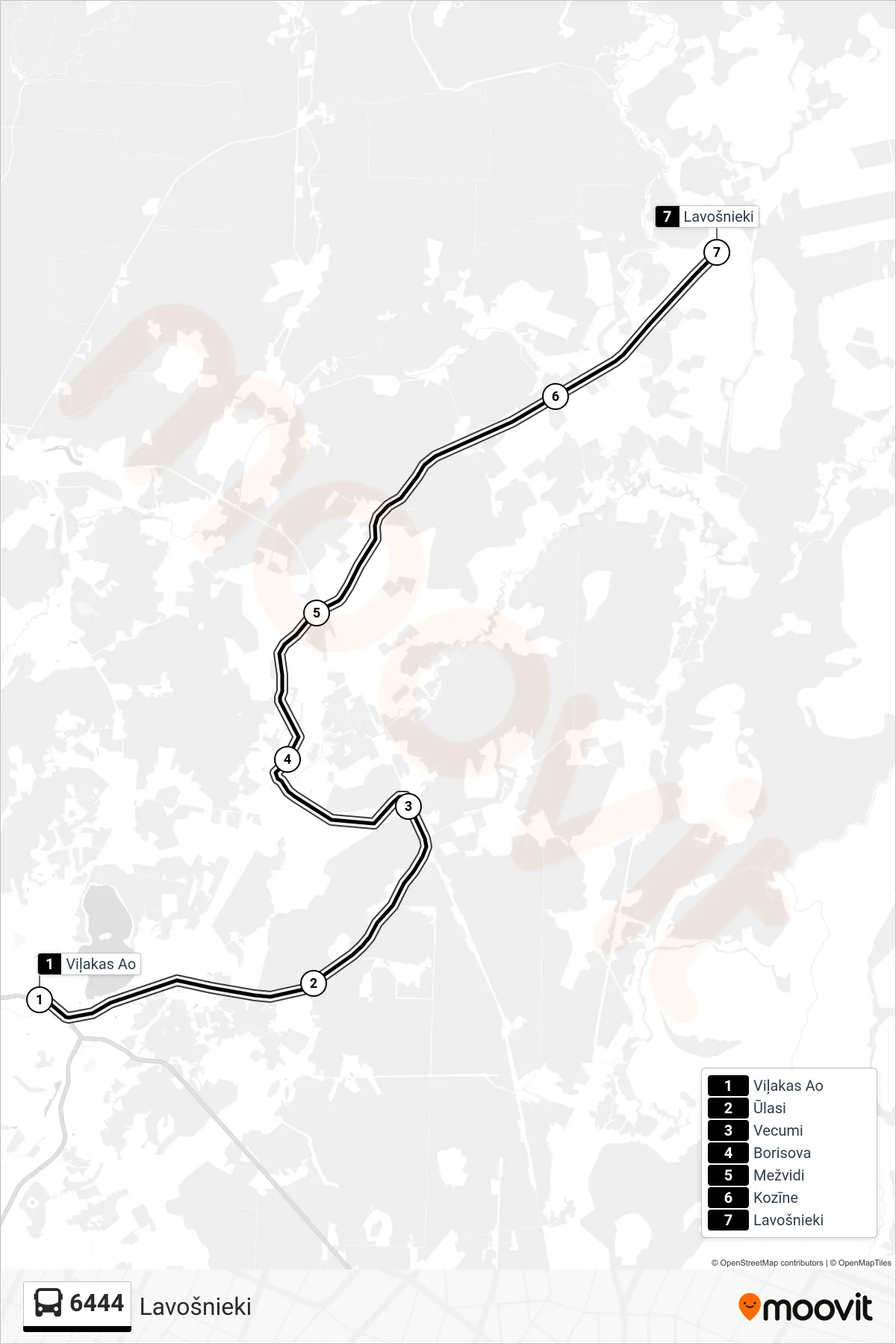 6444 bus Line (Lavošnieki) route and stops on a map