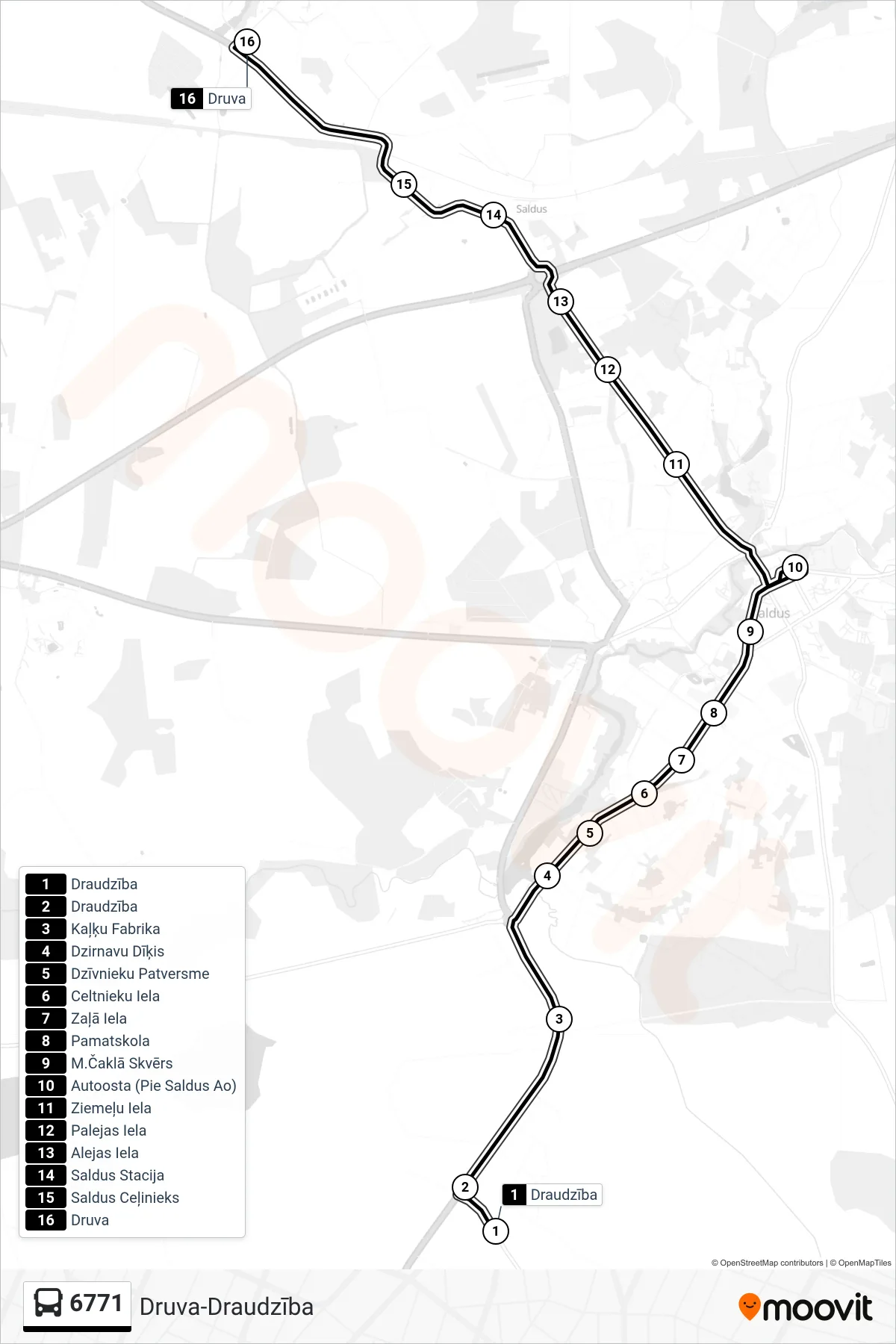 6771 bus Line (Druva) route and stops on a map