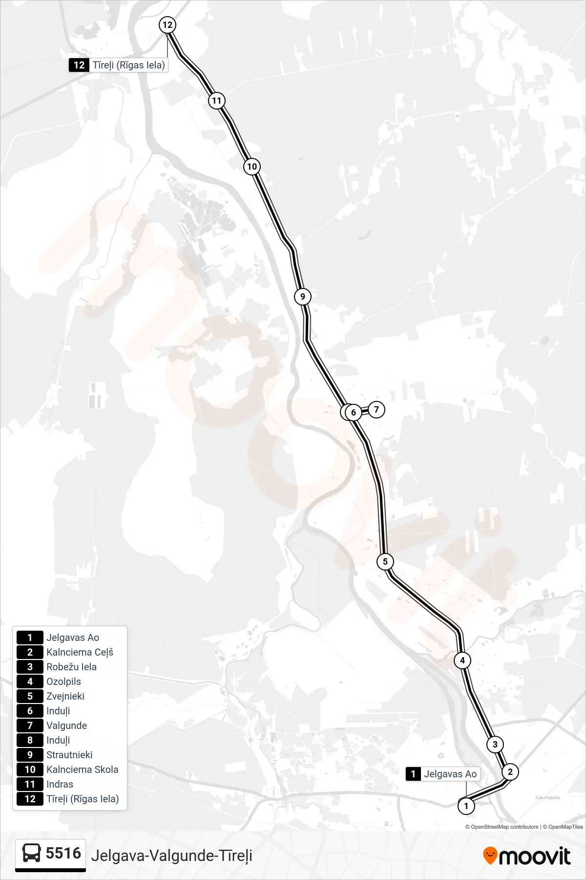5516 bus Line (Tīreļi (Rīgas Iela)) route and stops on a map