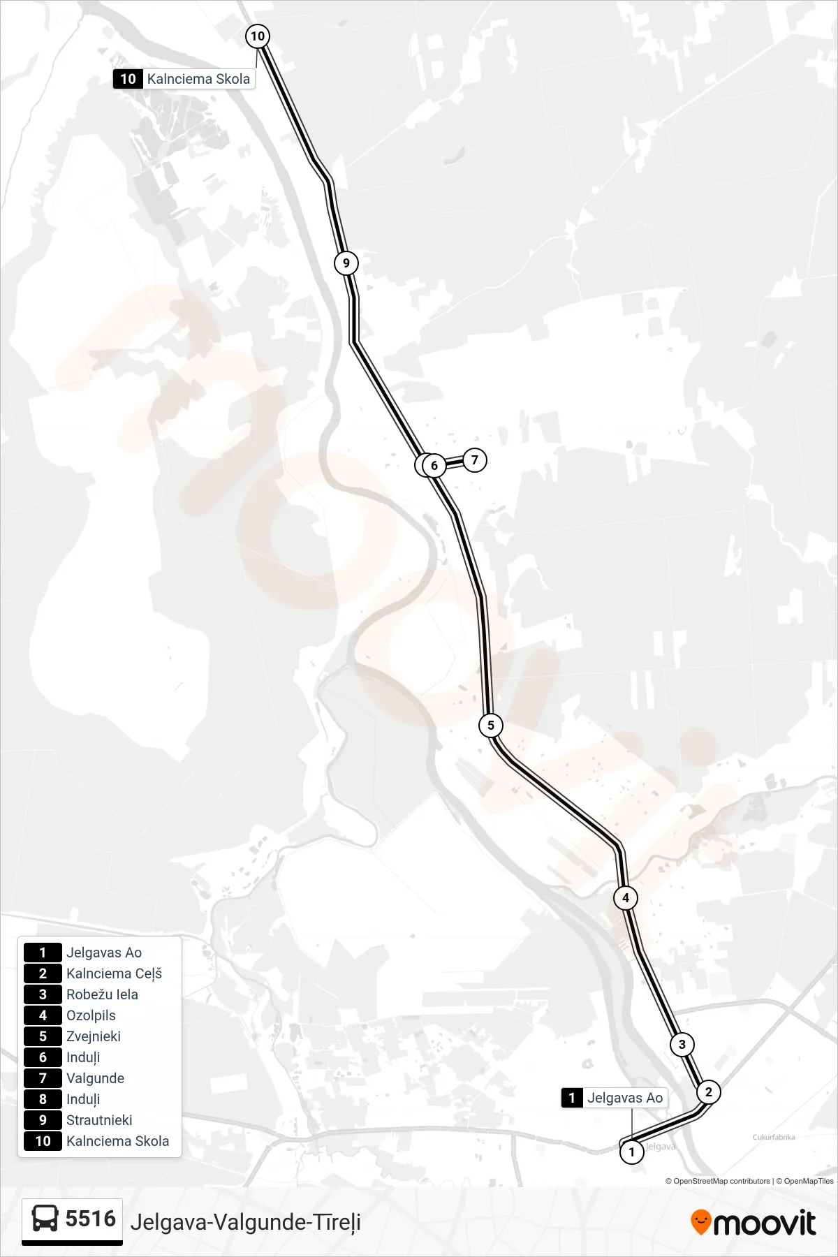 5516 bus Line (Kalnciema Skola) route and stops on a map
