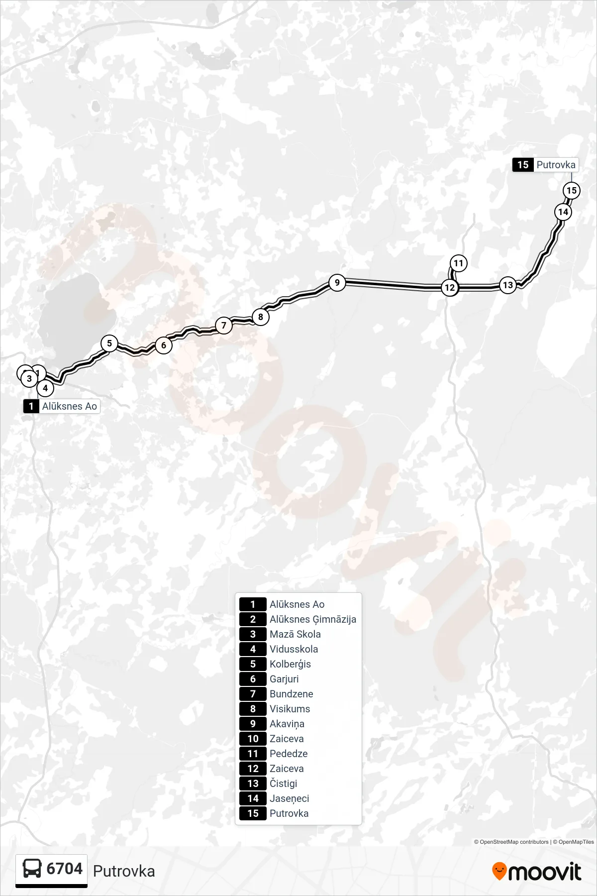 6704 bus Line (Putrovka) route and stops on a map