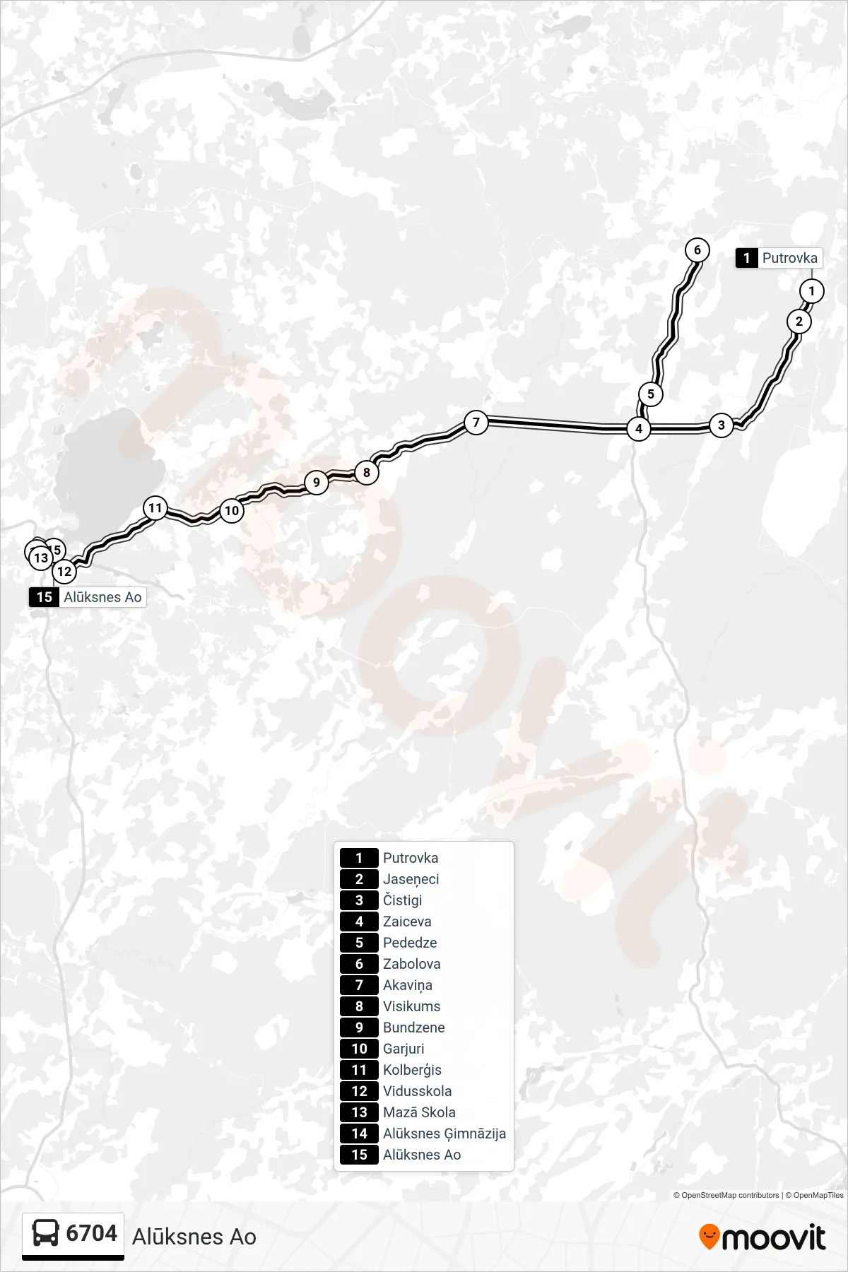 6704 bus Line (Alūksnes Ao) route and stops on a map