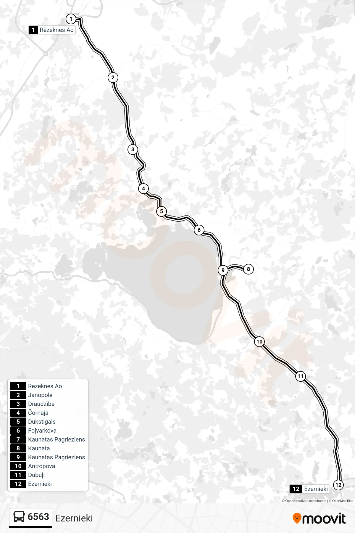 6563 bus Line (Ezernieki) route and stops on a map