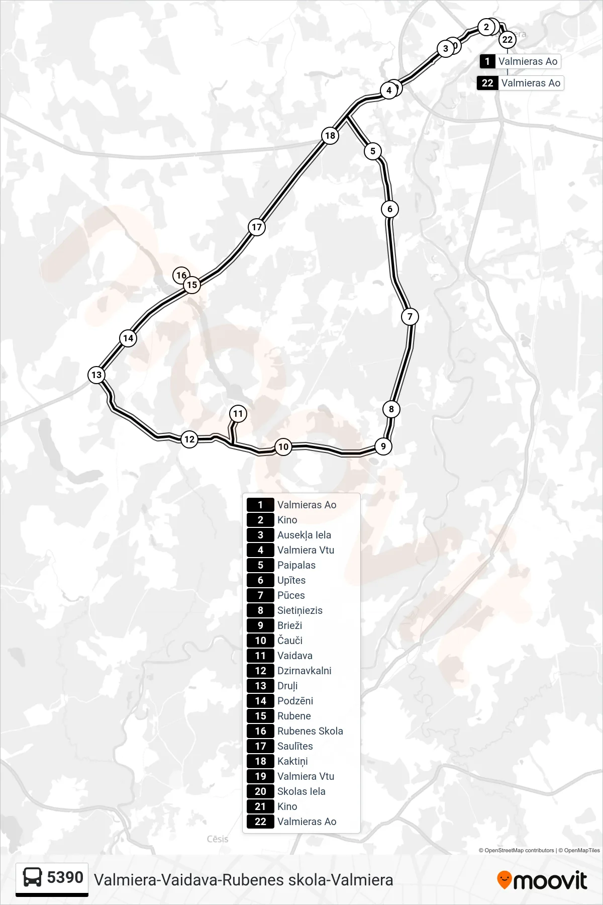 5390 bus Line (Valmieras Ao) route and stops on a map