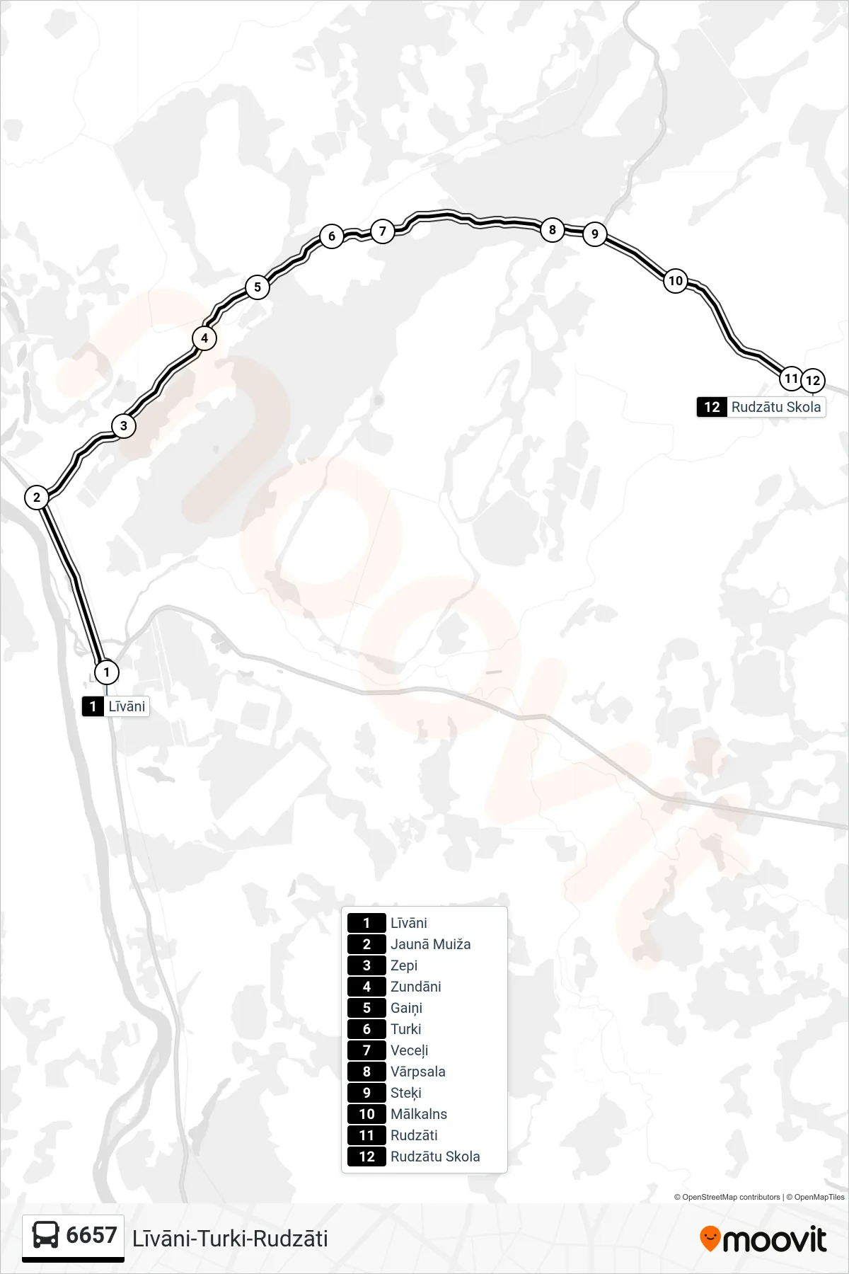 6657 bus Line (Rudzātu Skola) route and stops on a map