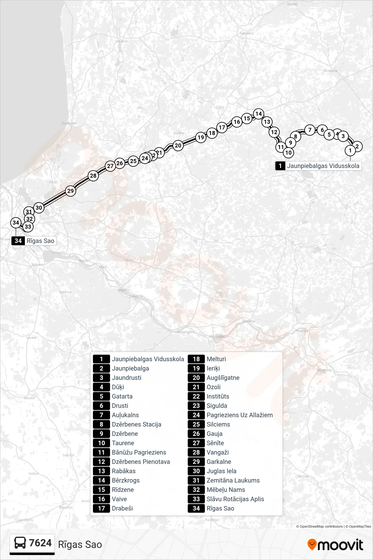 7624 bus Line (Rīgas Sao) route and stops on a map