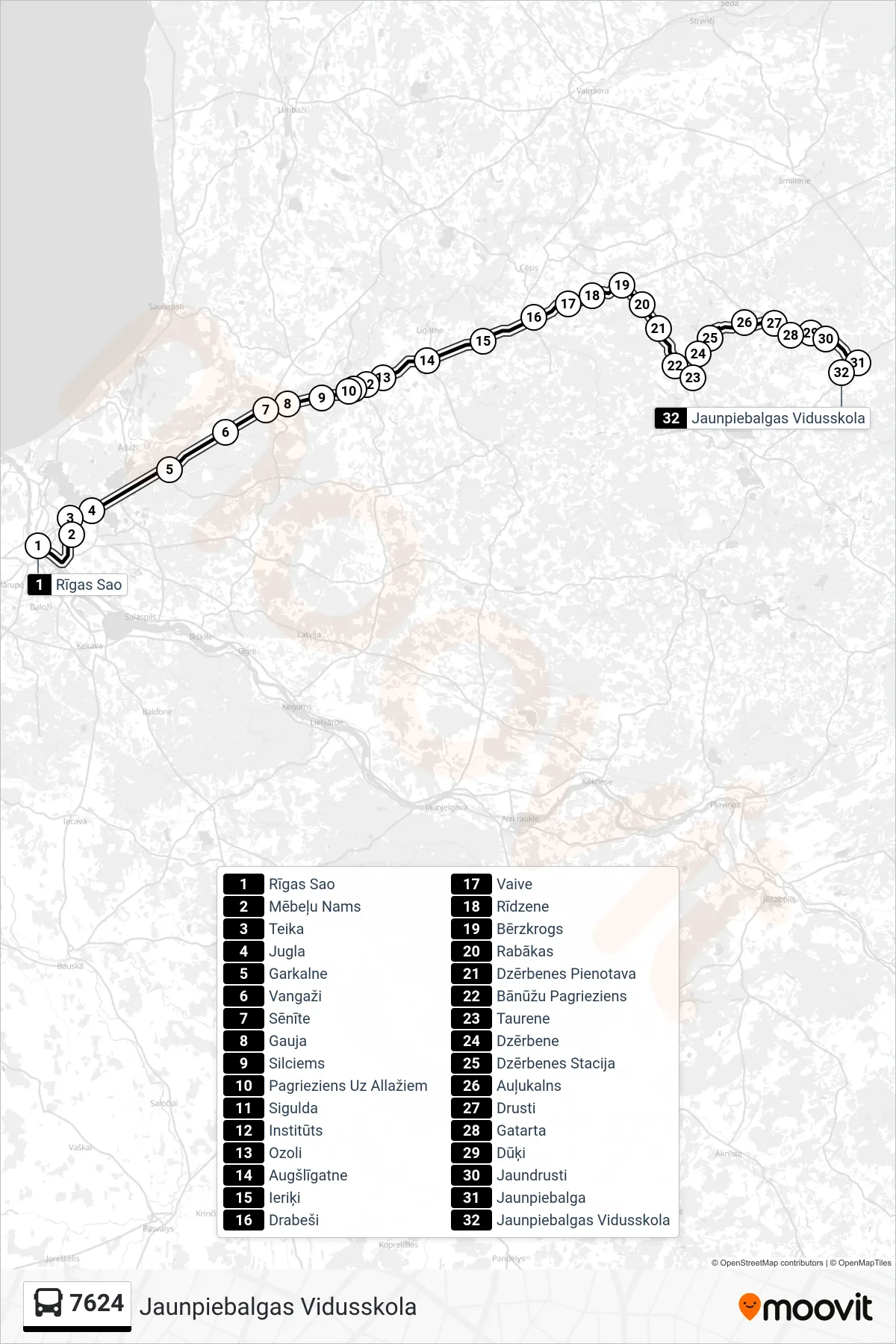 7624 bus Line (Jaunpiebalgas Vidusskola) route and stops on a map