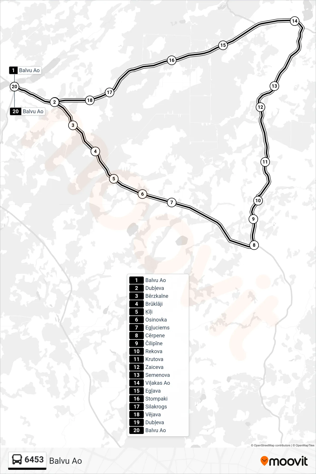 6453 bus Line (Balvu Ao) route and stops on a map