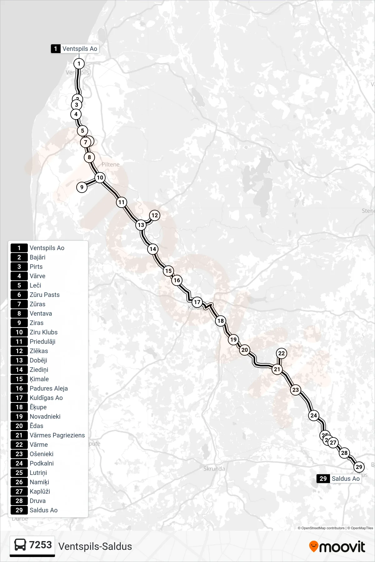 7253 bus Line (Saldus Ao) route and stops on a map