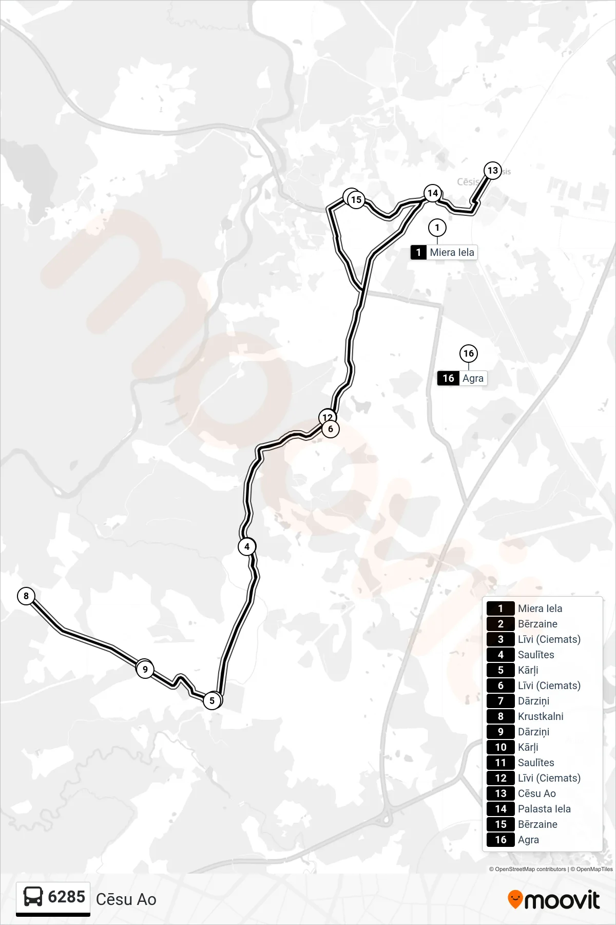 6285 bus Line (Cēsu Ao) route and stops on a map