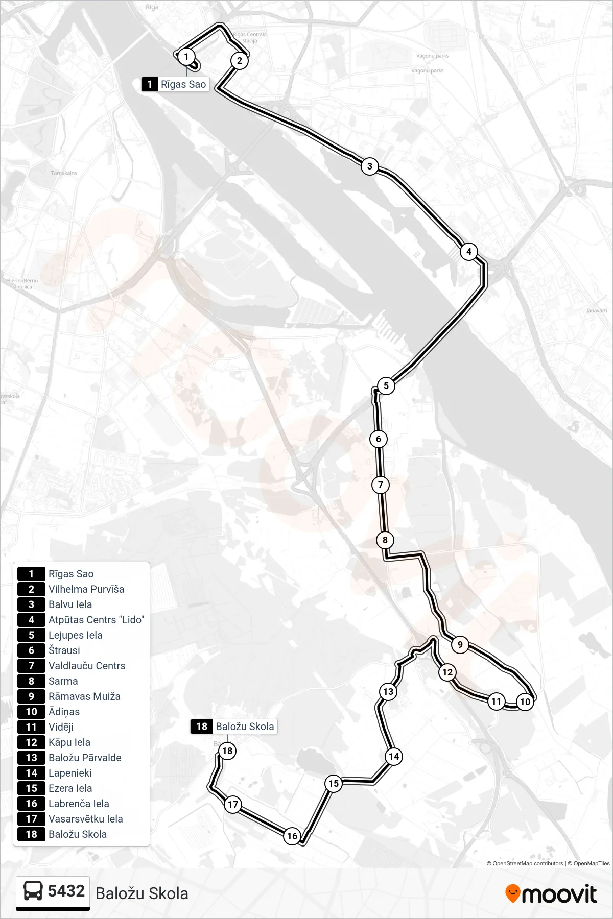 5432 bus Line (Baložu Skola) route and stops on a map