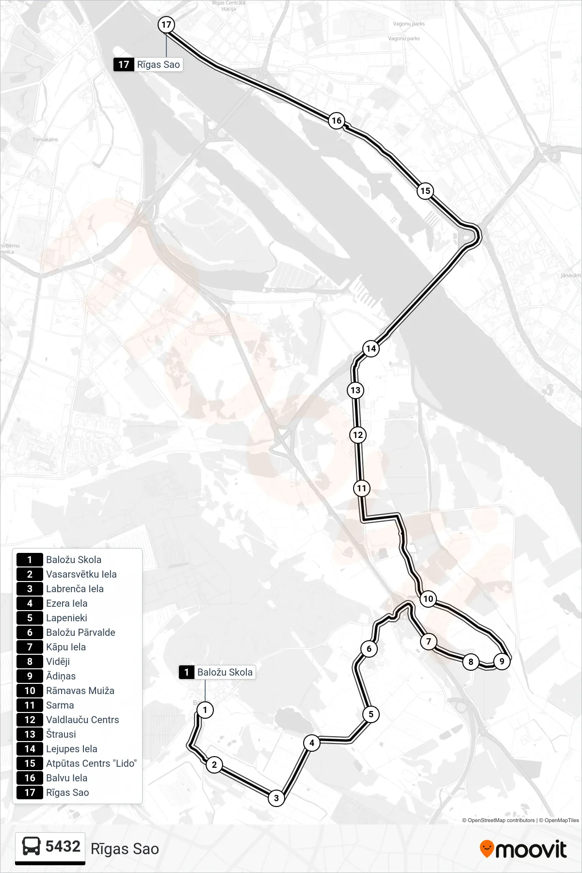 5432 bus Line (Rīgas Sao) route and stops on a map