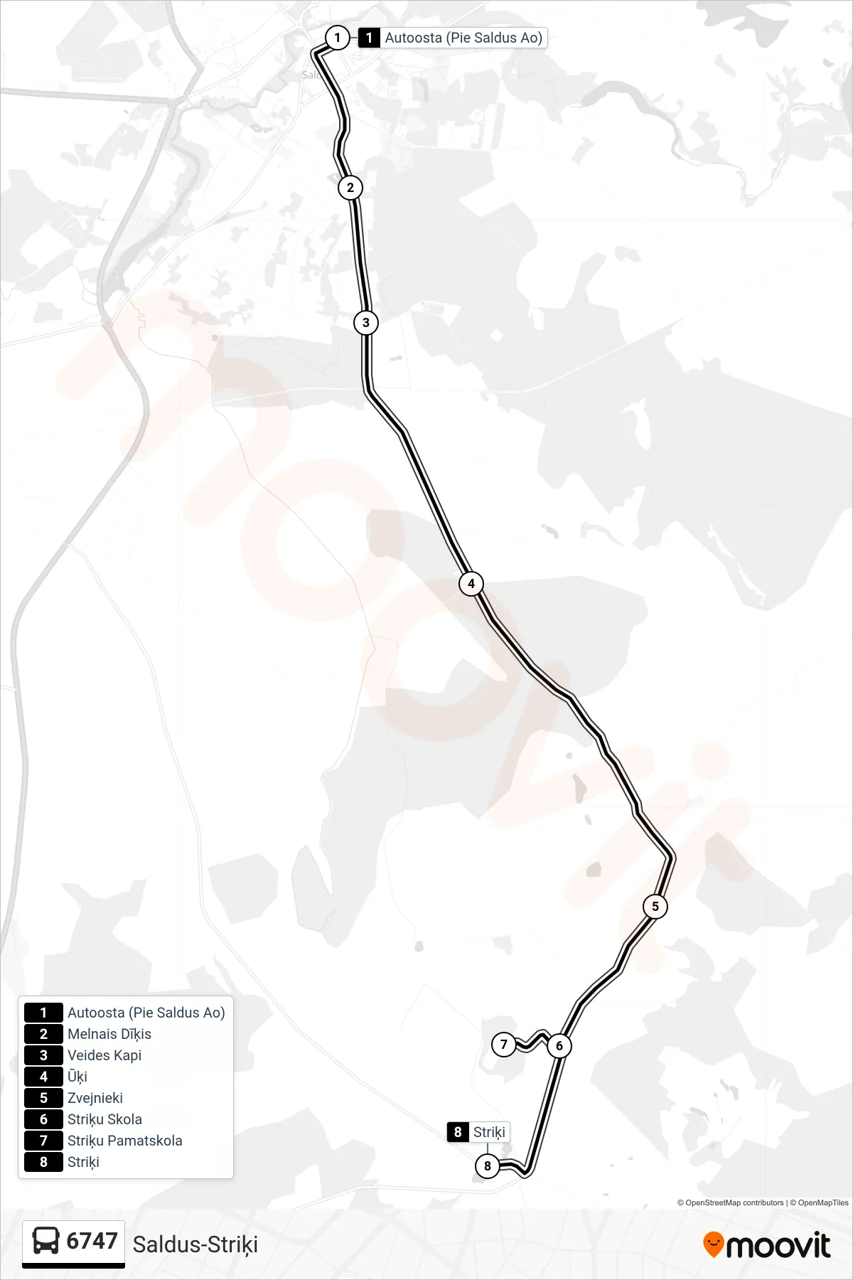 6747 bus Line (Striķi) route and stops on a map