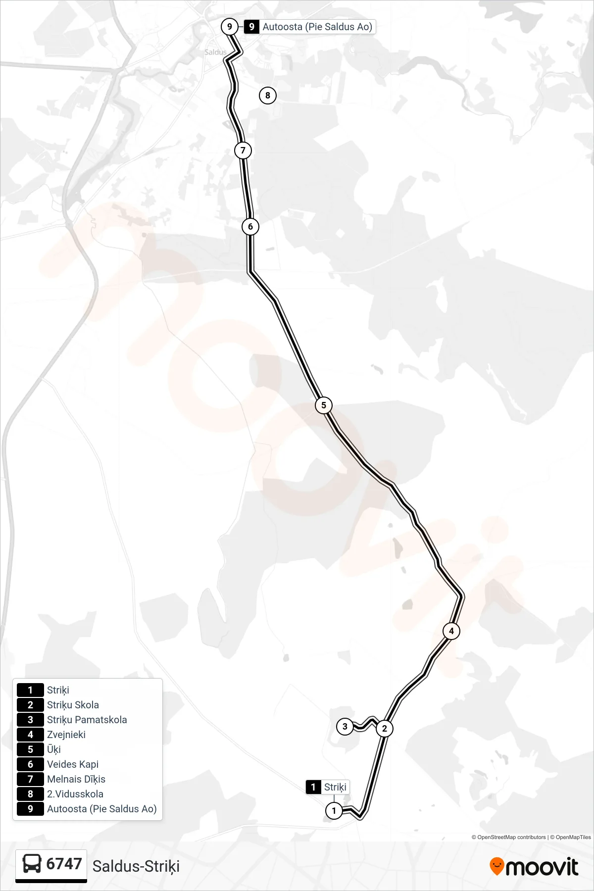 6747 bus Line (Autoosta (Pie Saldus Ao)) route and stops on a map
