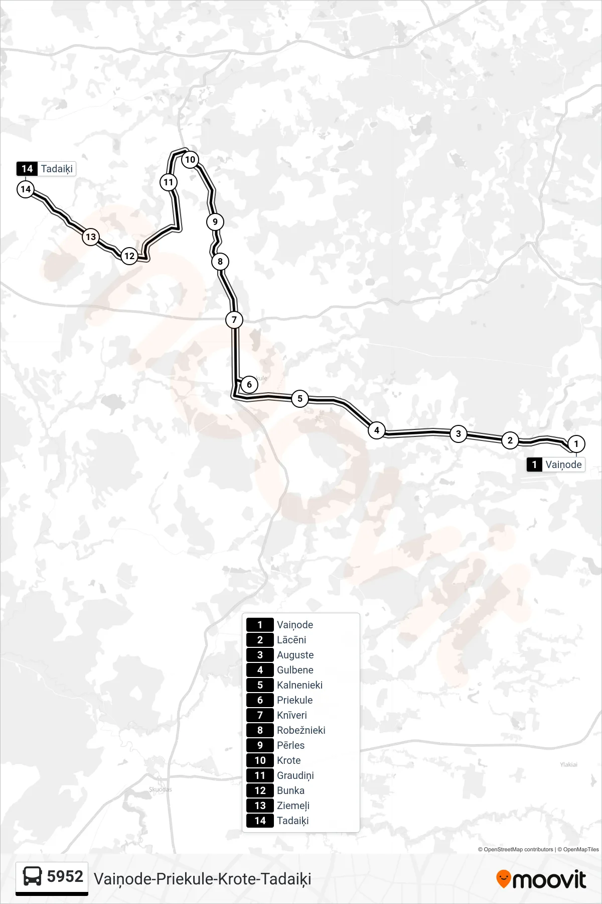 5952 bus Line (Tadaiķi) route and stops on a map